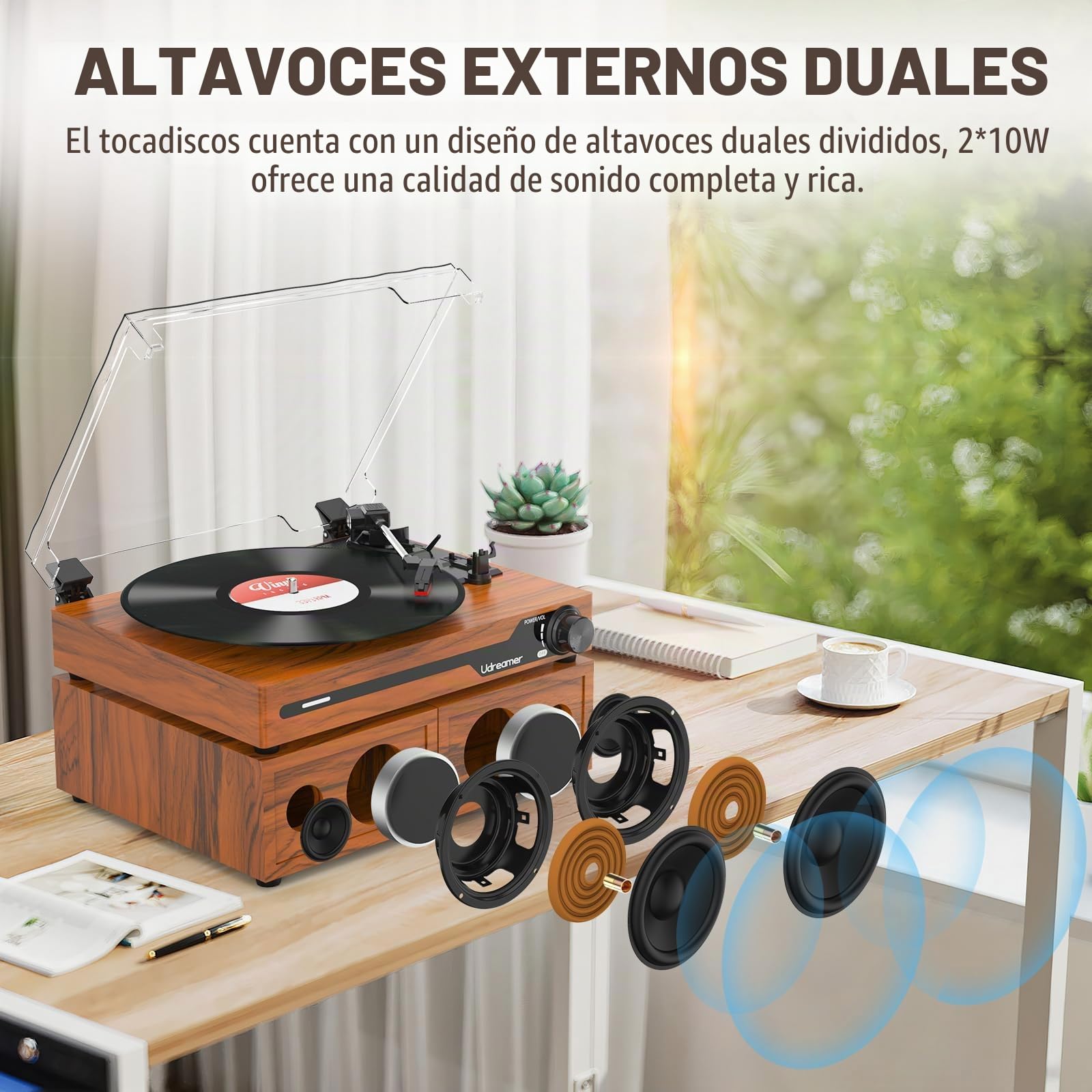 Udreamer Tocadiscos con 2 Altavoces Estéreo Duales, Vintage Tocadiscos con Bluetooth 5.3 Compatible 3 Velocidades, Entrada Auxiliar, Línea RCA, USB, Reproducción Inalámbrica, Marró