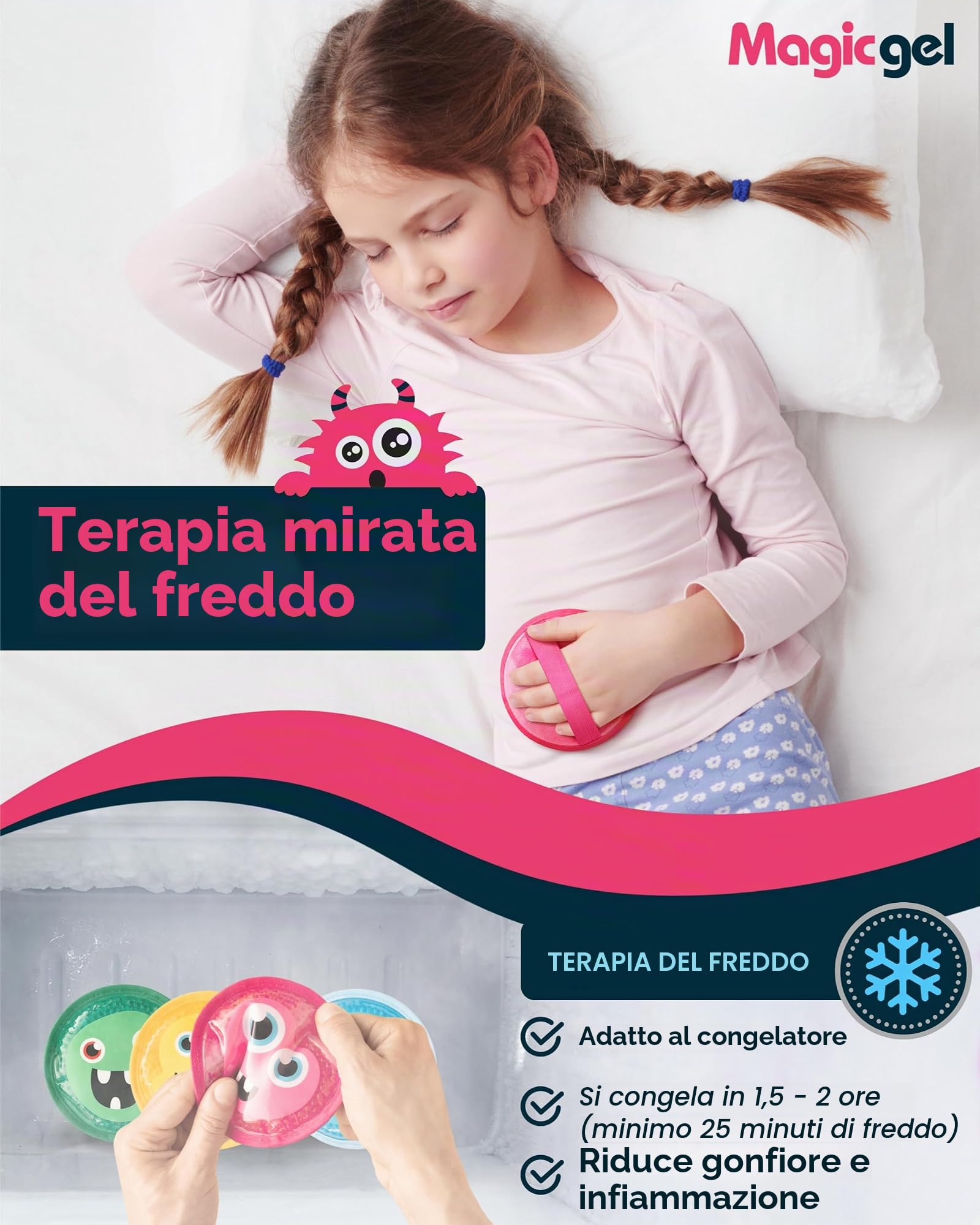Magic Gel Ghiaccio Gel Riutilizzabile Bambini - Set di 4 - Ghiaccio Bambini - Impacco Caldo Freddo con Freezer e Microonde - Adatto a Ginocchio Mal di Denti e Febbre - Design con Piccoli Mostri