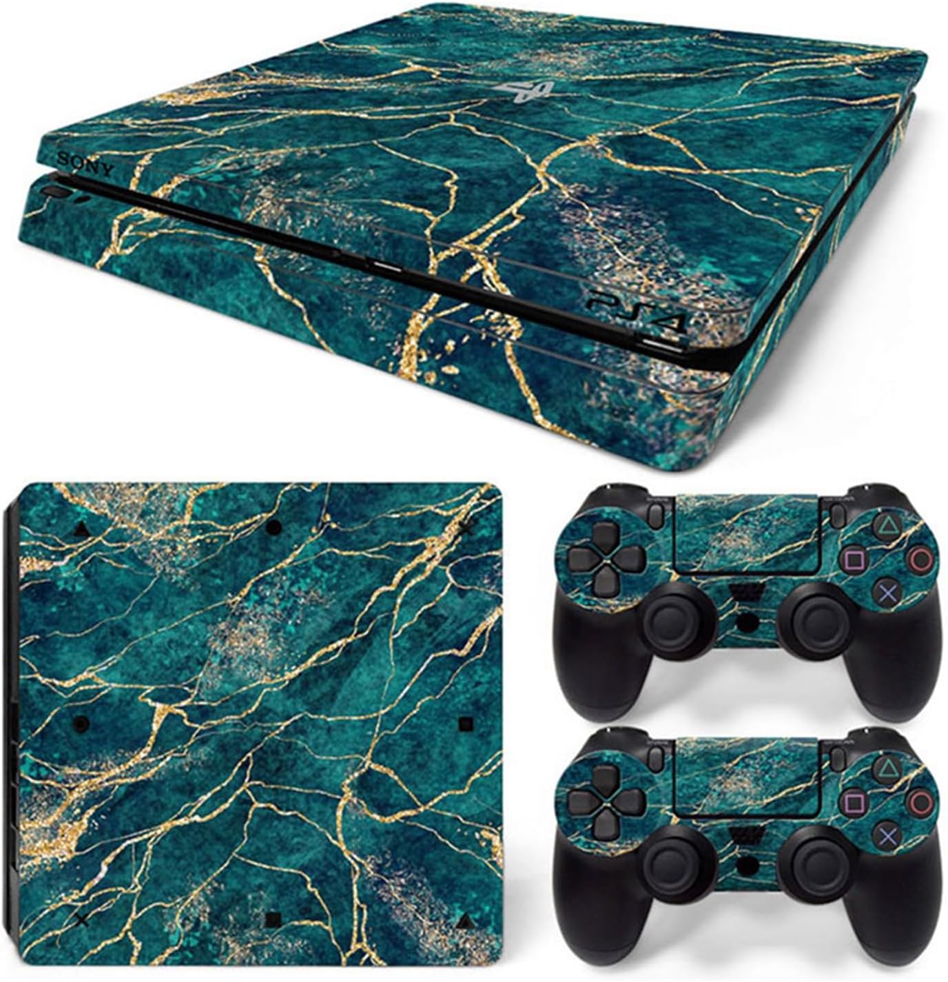 Skin for PS4 Slim Version Console Controllers, Vinyl Sticker for Play-Station 4 Slim Skins, Wrap Decal Cover Protective Accessories for Playstation 4 Slim（Green Marbling）