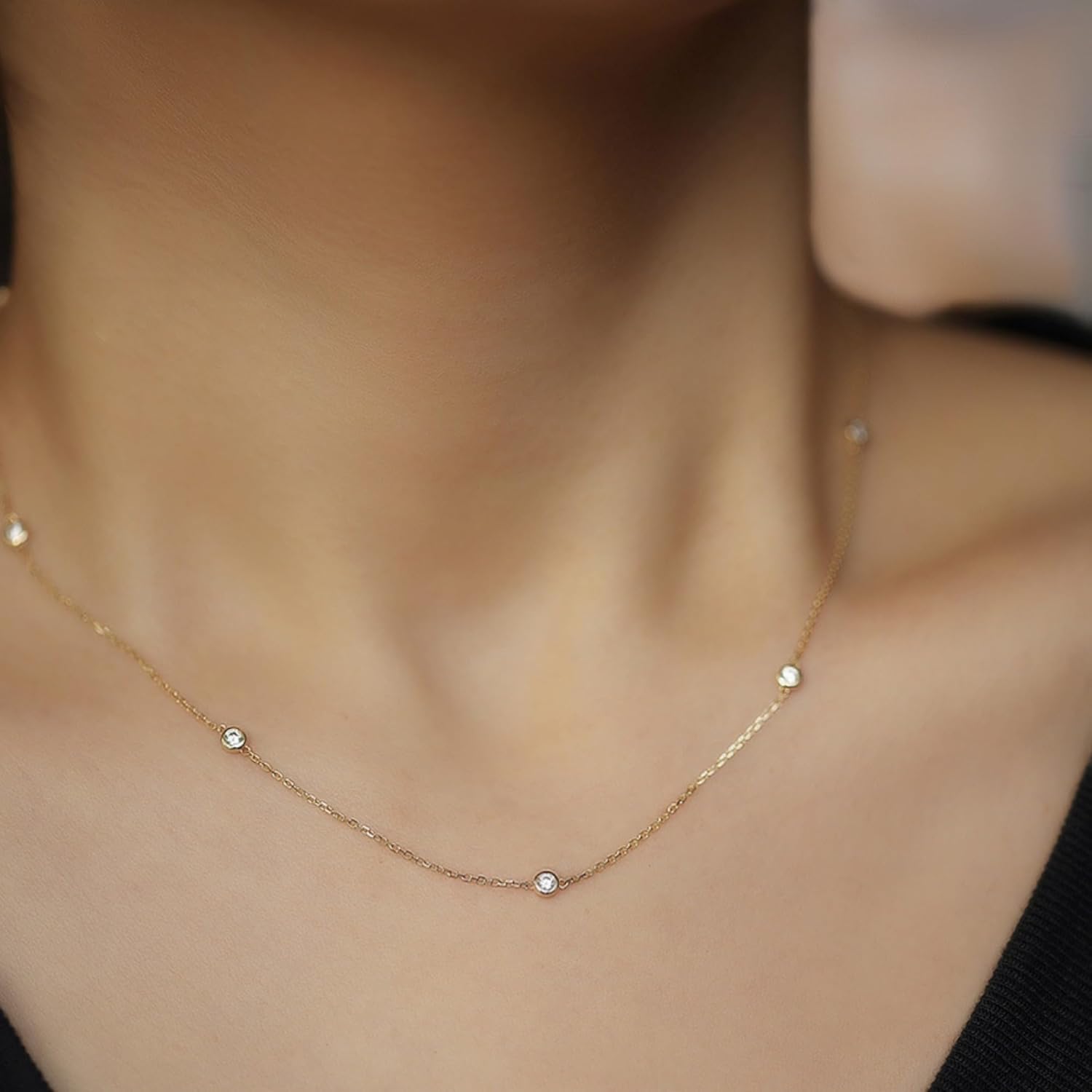 14k Gold Plated S925 Sterling Silver Brilliant Cut 5 Simulated Diamond Station Necklace 15.5-17.5 inches Adjustable Chain Gift For Women - Image 8