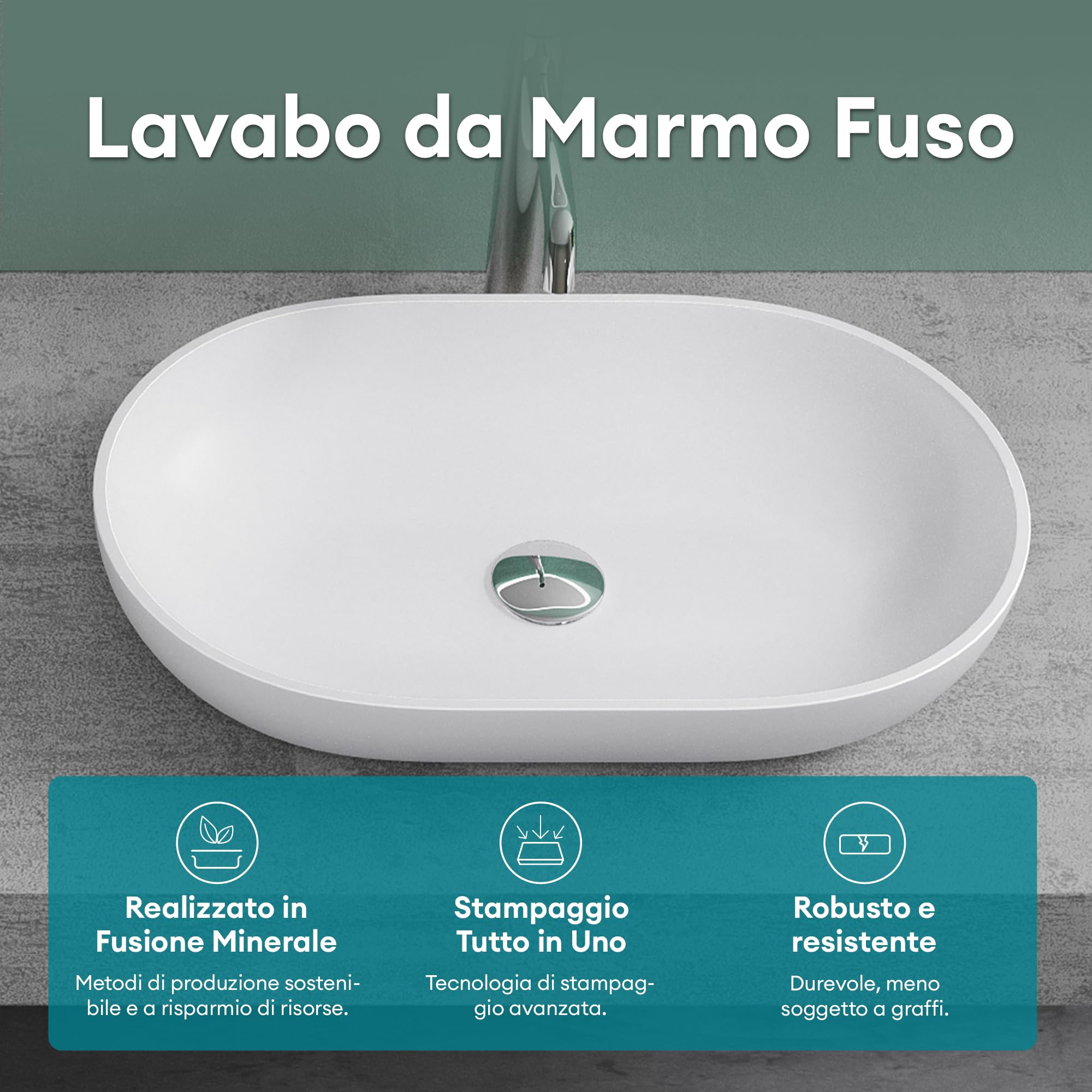 Mai & Mai Lavabo da Appoggio 54x34x10.5cm, Lavandino Bagno da Appoggio Ovale da Marmo Fuso, Biano Opaco, Colossum808