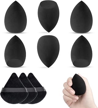 Make Up Sponge Set With Triangle Powder Puff, 6 Pieces Beauty Sponges for Blending Liquid Foundation, Reusable Soft Black Makeup Sponges