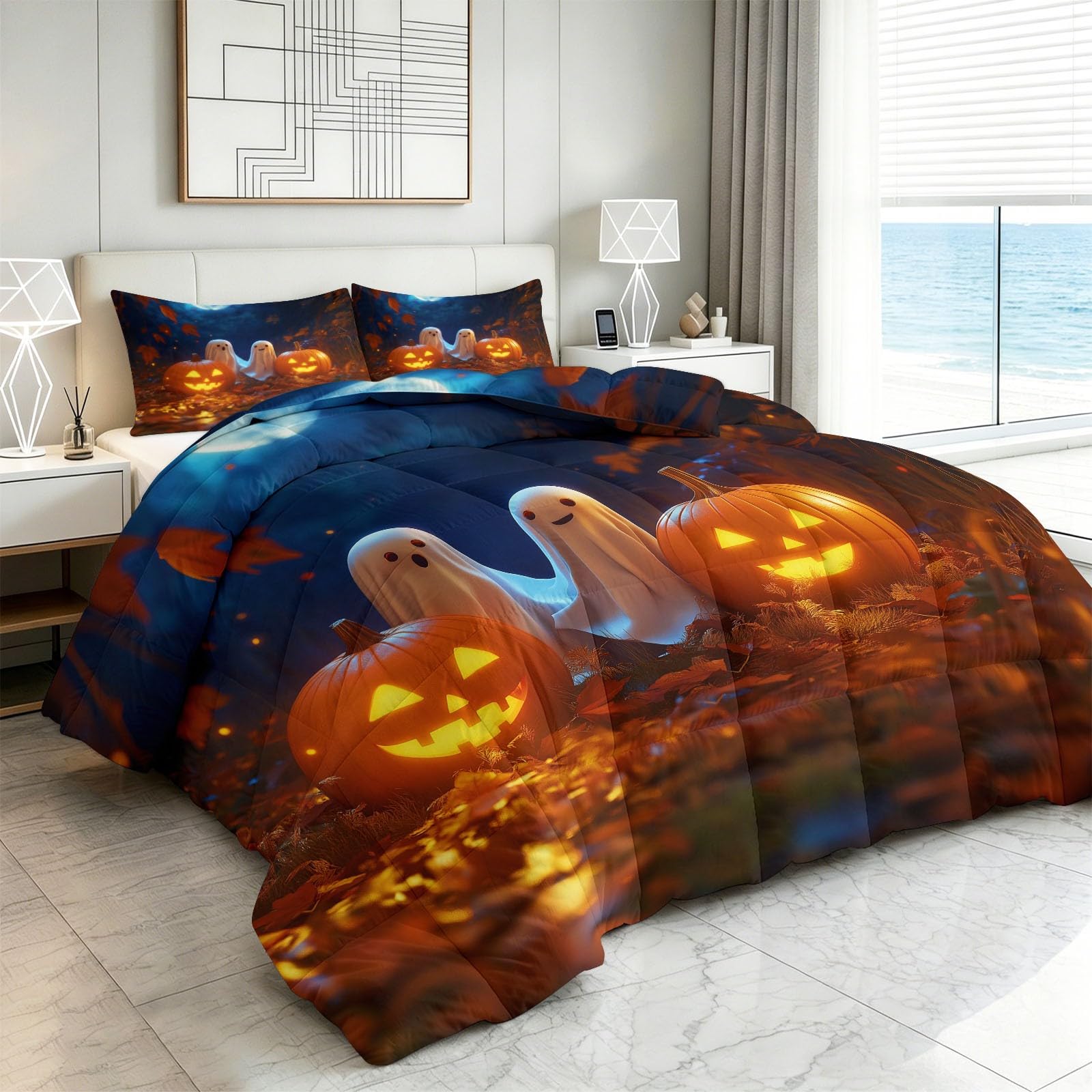 Generico Poszewka na kołdrę 4 pory roku, 3-częściowy zestaw do spania 135 x 200 cm Halloween małe śliczne skarpetki dynie miękka kołdra z mikrofibry, koc zimowy i letni dla dorosłych, dzieci