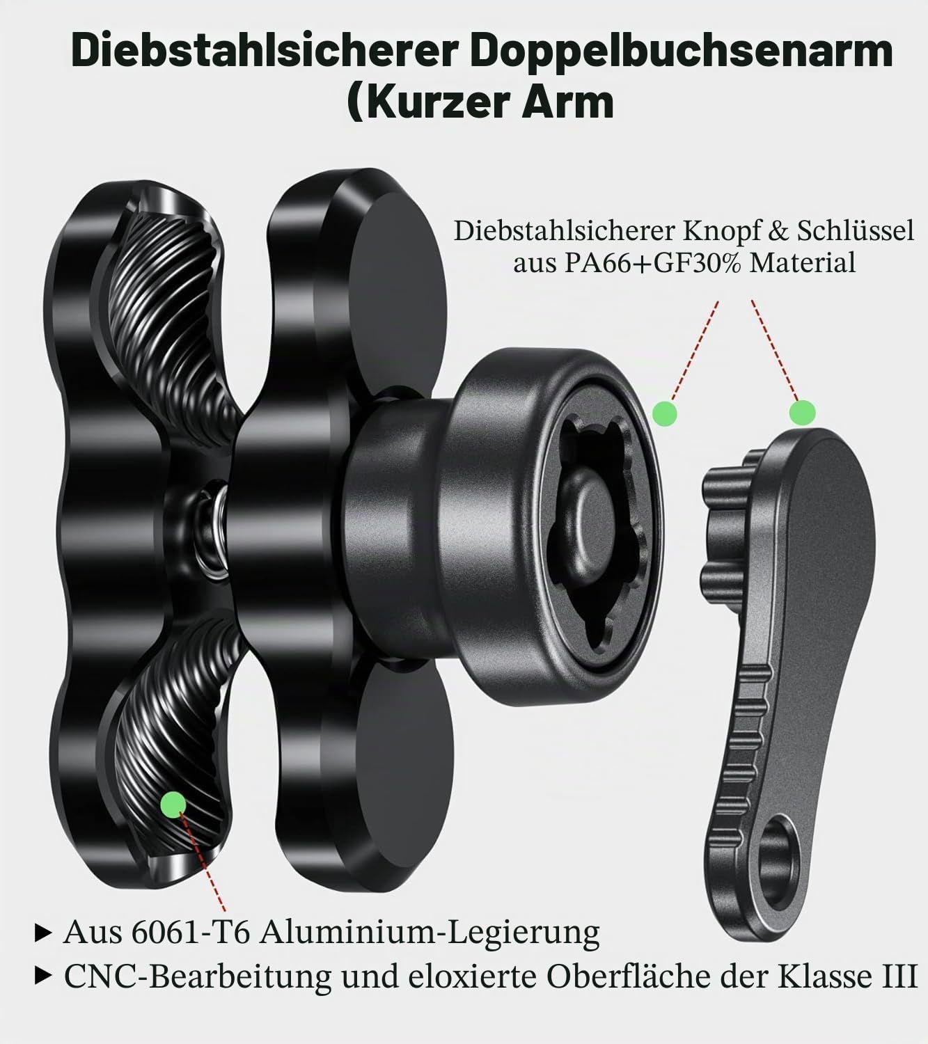 BRCOVAN Diebstahlschutz Aluminiumlegierung Doppelsockelarm (Kurzer Arm) Kompatibel mit RAM Mounts B Größe 1 Zoll Kugel Komponente und Fahrrad Motorrad Handyhalter mit 1'' Kugel Adapter