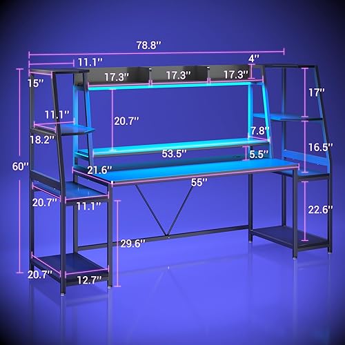 Miniatura 2 de SEDETA Gaming Desk 78.8'' with LED Lights, Hutch and Storage Shelves, Computer Desk with Monitor Stand, Large PC Gamer Desk Workstation, Ergonomic
