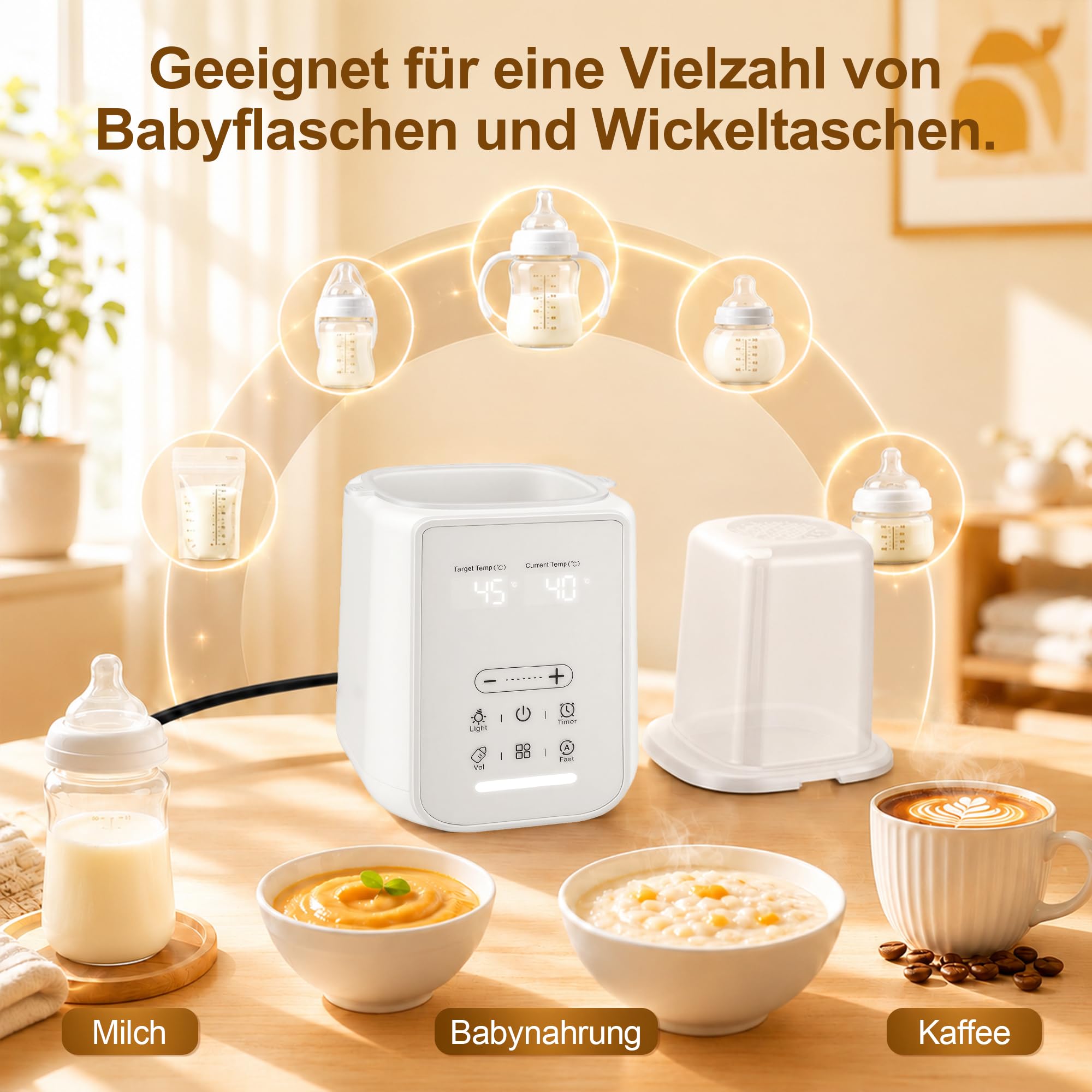 Calentador de Biberones 10-en-1, Esterilizador y Calentador Eléctrico con Pantalla Táctil y Temporizador 24h, Calienta Leche en 3-7 min, Mantiene Caliente 48h, para Casa y Viaje, Blanco