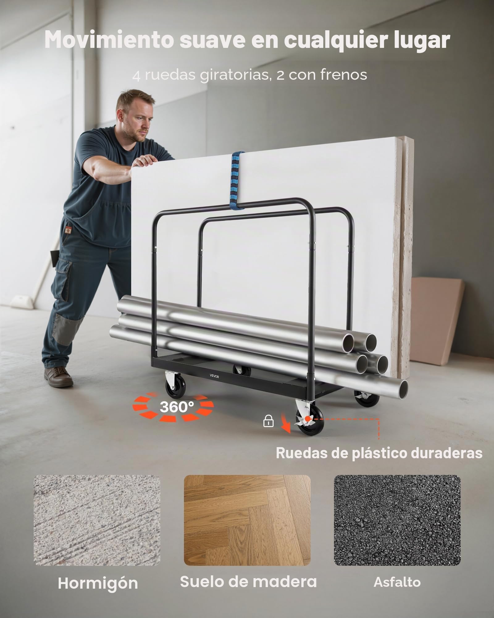 VEVOR Carro Portaplatos Carga 816 kg, con Ruedas Giratorias de 360°, Correa de Amarre y 3 Pasamanos Laterales, Rodillo para Platos, para Fábricas, Almacenes y Garajes, Negro, 955 x 610 x 935 mm