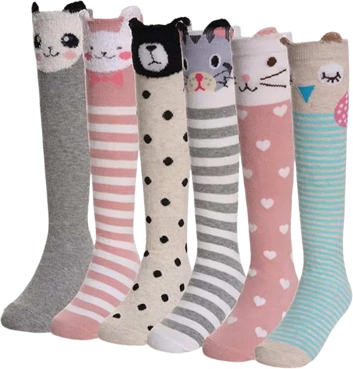 DXTON Girls Knee High Socks 6 Pairs: Kids Crazy Long Socks 3-12 years, Tall Boot Cute Animal Cotton Fun Gift