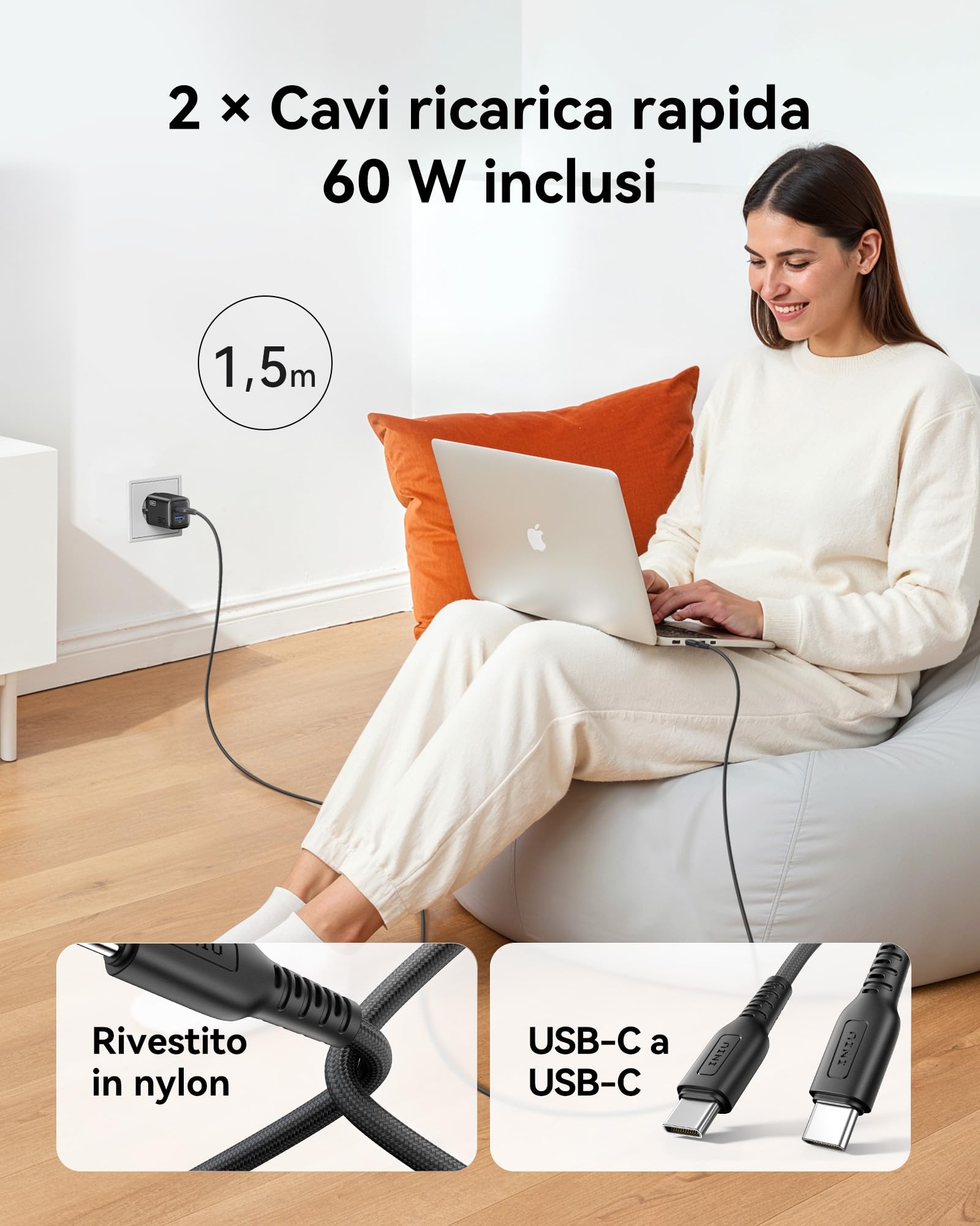 INIU Caricatore USB C 30W, 2-Pezzi Caricatore Rapido con Cavo USB-C 60W, 2-Porto [USB-C + USB-A] Presa di Ricarica per iPhone 17 16 Pro Max, iPad Pro Air, Samsung Galaxy S25 S24 Ultra, Google Pixel 9a