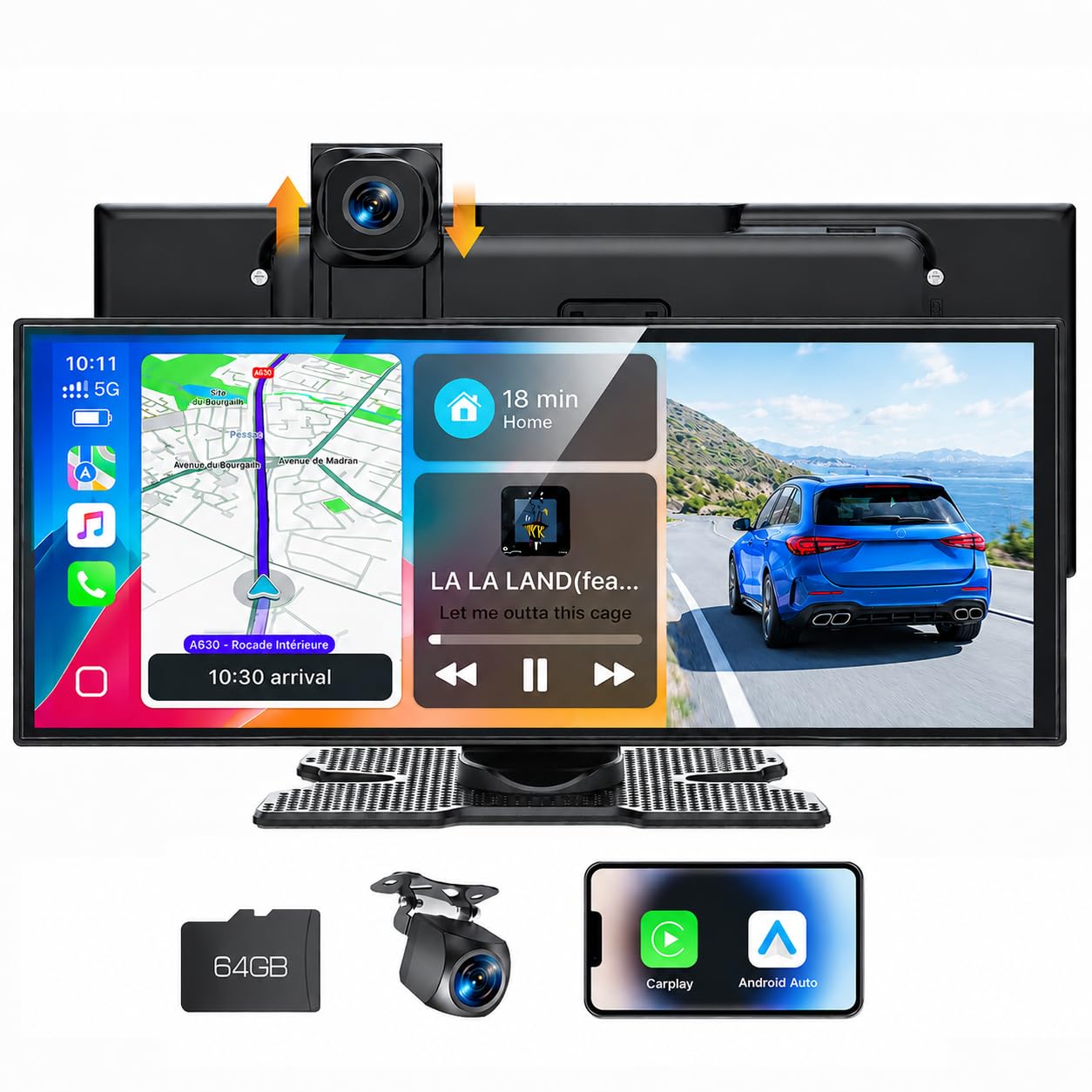 LAMTTO 10.25" CarPlay Display Android Auto mit Dashcam Auto 2.5K+1080P