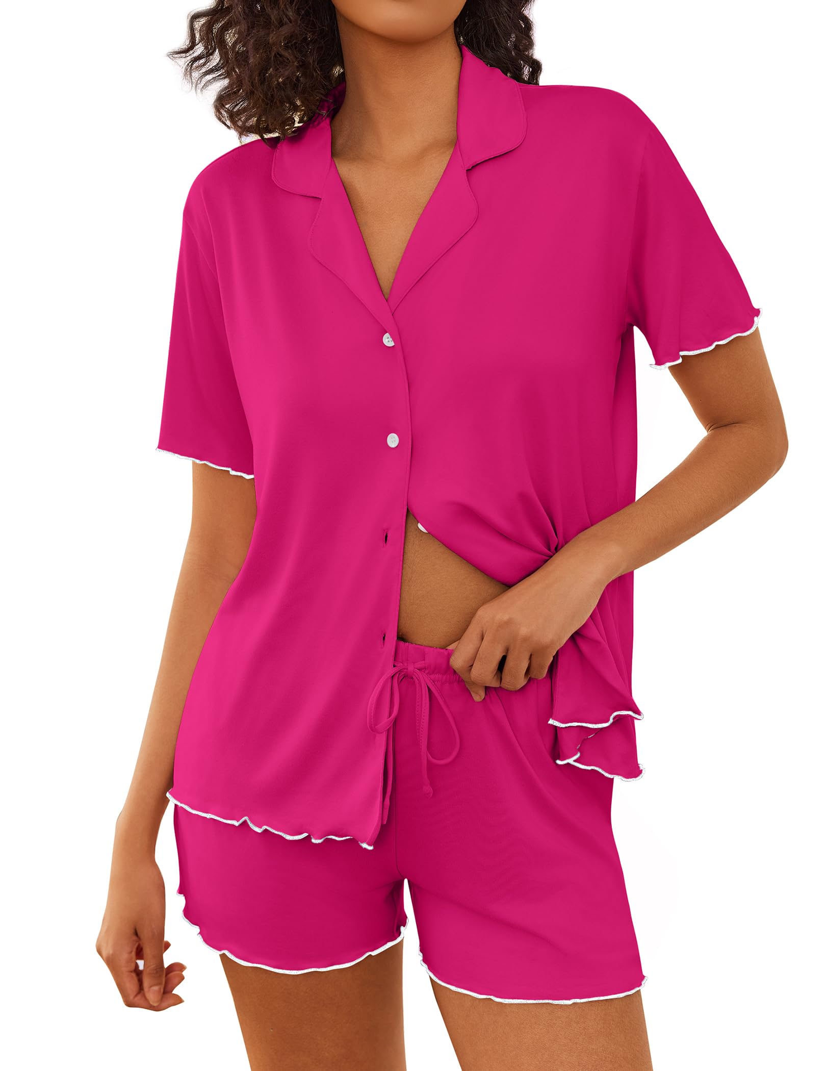 Ekouaer Womens Pajama Sets Button Up Bride Pjs Set 2 Piece Soft Sleepwear Short Sleeve Lounge Sets with Shorts, S-XXL