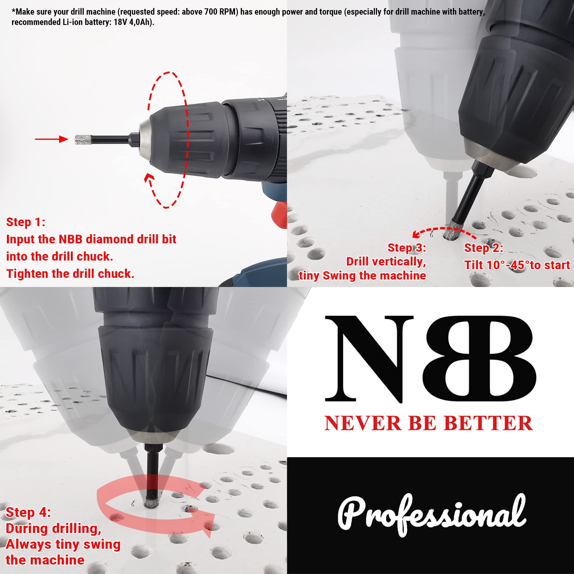 NBB Wiertło diamentowe z sześciokątnym trzpieniem do wiercenia na sucho w twardej porcelanie, ceramice, płytkach, granicie, lepiej na mokro, do wiertarki przewodowej lub bezprzewodowej (4, 6/8/10/12 mm)
