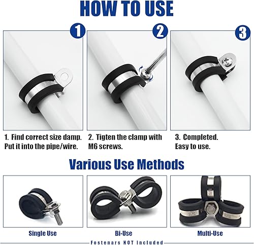 Miniatura 4 de Kit surtido de 106 abrazaderas de cable, (0.23 a 0.79 pulgadas) - Abrazadera de tubo aislada acolchada de acero inoxidable 304, abrazadera de bucle,