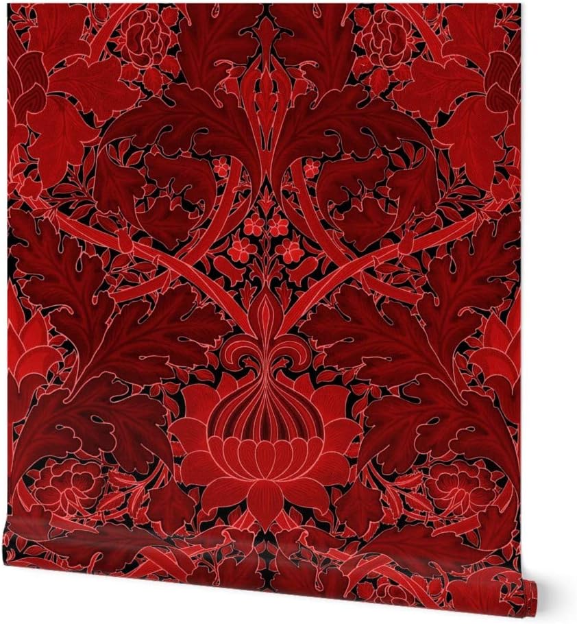 Removable Wallpaper 6ft x 2ft - Damask Red Black Art Nouveau Victorian Floral Custom Pre-Pasted Wallpaper by Spoonflower