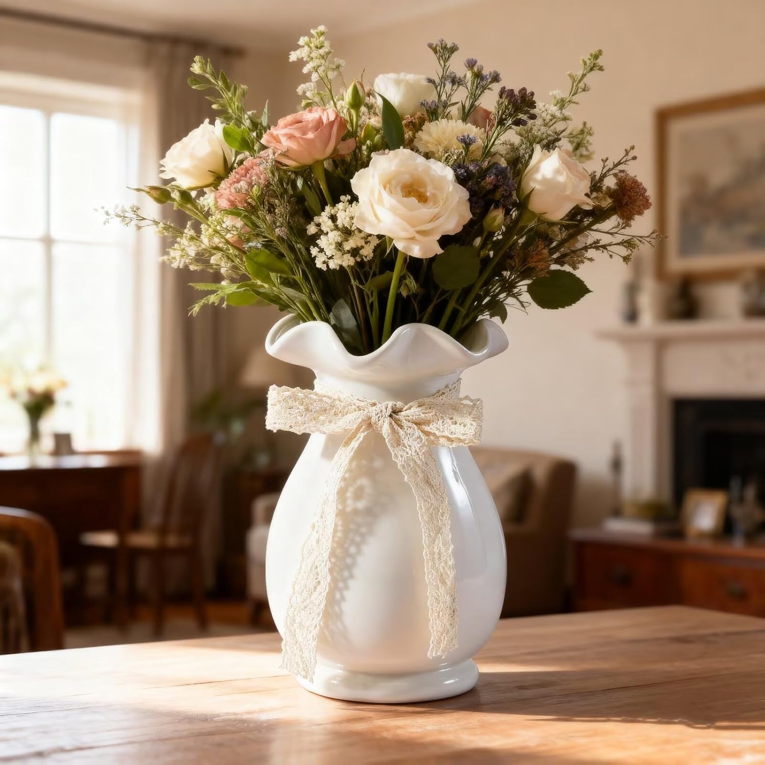 White Ceramic Flower Vase, Minimalist Decor, Modern Home Decorative Vase, Rural Farmhouses Vase for Bathroom, Dining Room, Bedroom, Living Room, Desktop Center Decoration