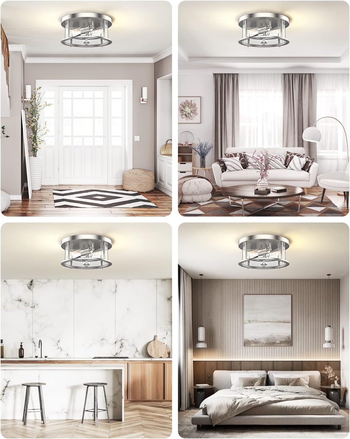 EAPUDUN Flush Mount Ceiling Light Fixtures, 12inch 2-Light Farmhouse Close to Ceiling Light Fixture with Clear Glass Shade, Brushed Nickel Finish for Porch, Entryway, Bedroom, FMA1413-BNK