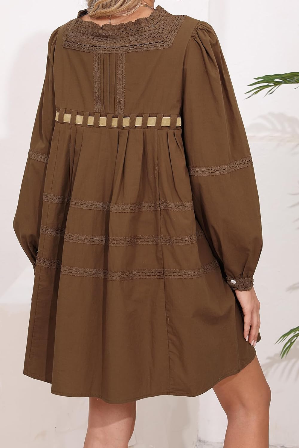 D-Sun Women Babydoll Dress Long Puff Sleeve Square Neck Lace A-Line Flowy Mini Dress Tie Embroidered Ruffled Y2K - Image 3