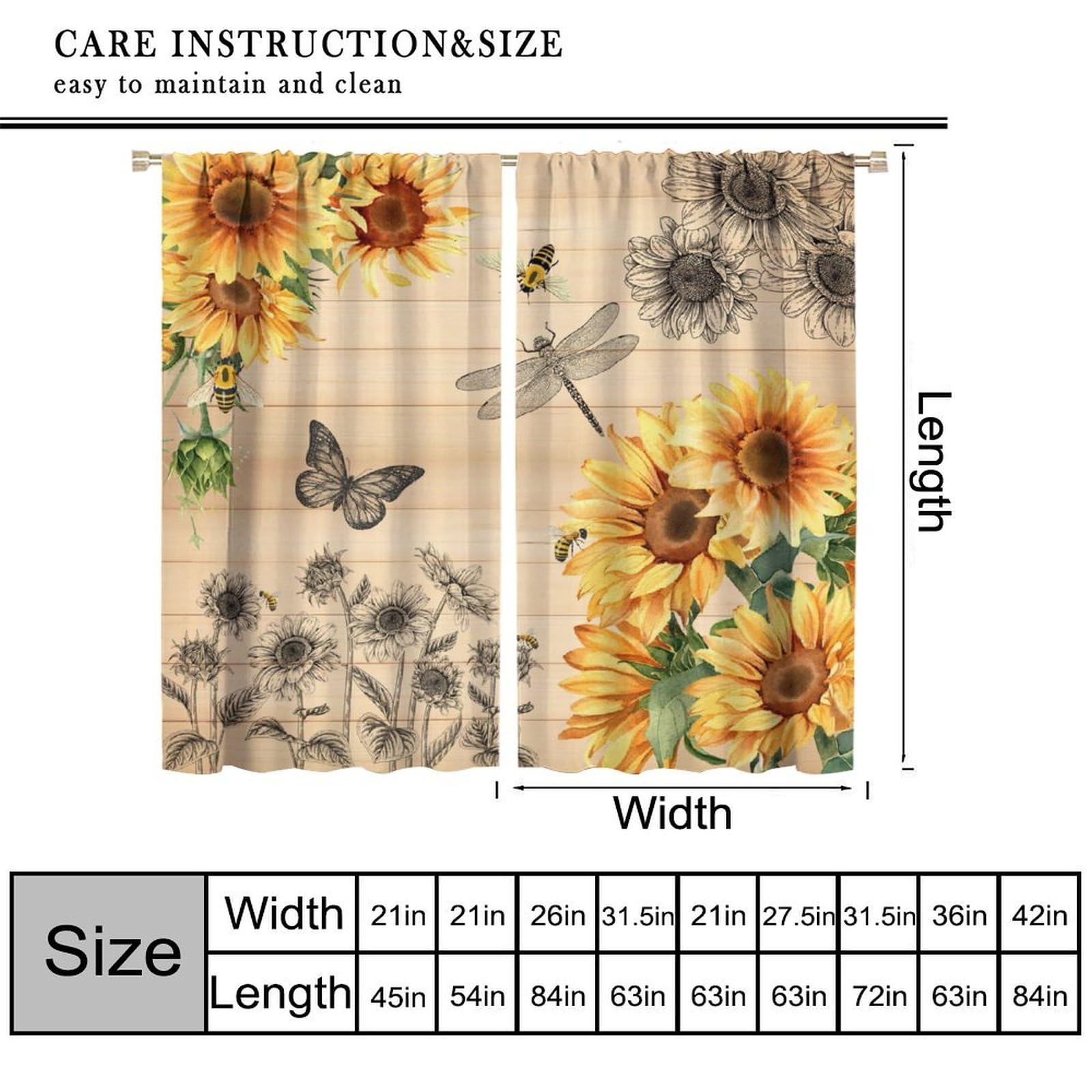 KANEPE Sunflower Curtains, Dragonfly Butterfly Silhouette Wooden Plank Farmhouse Window Treatments, Rod Pocket Thermal Insulated Drapes 2 Panel Sets for Bedroom Living Room, 42