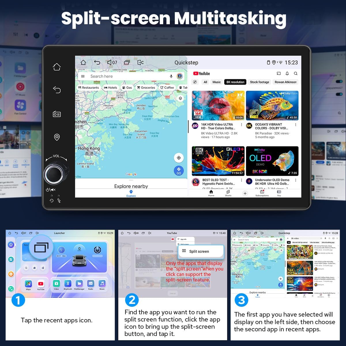 Screenshots demonstrating the split-screen multitasking feature on the car stereo