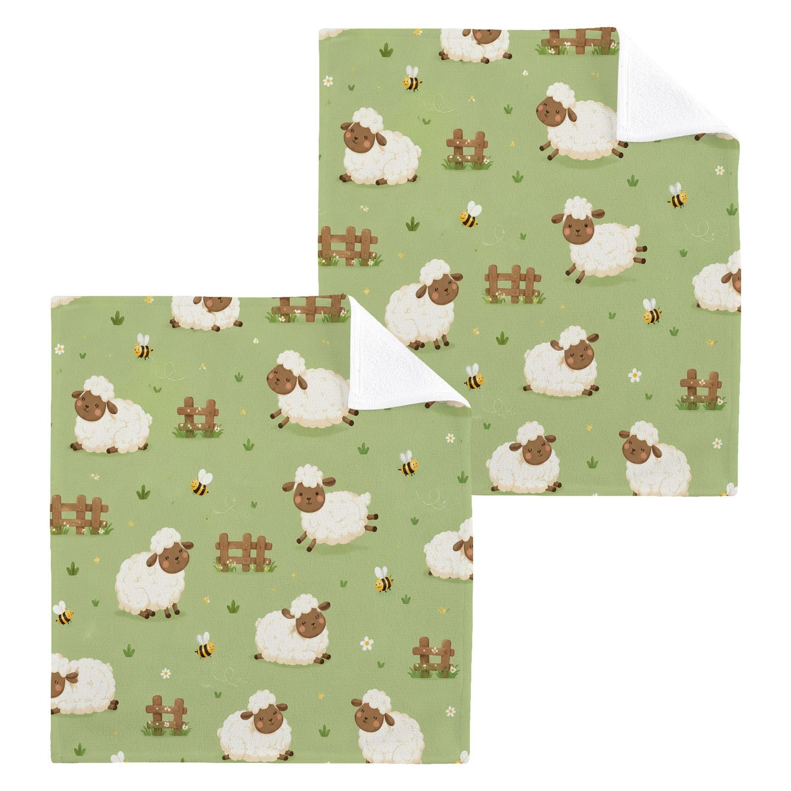 BOESI Meadow Sheep 12x12in Cotton Washcloth,Soft Absorbent Face Towel