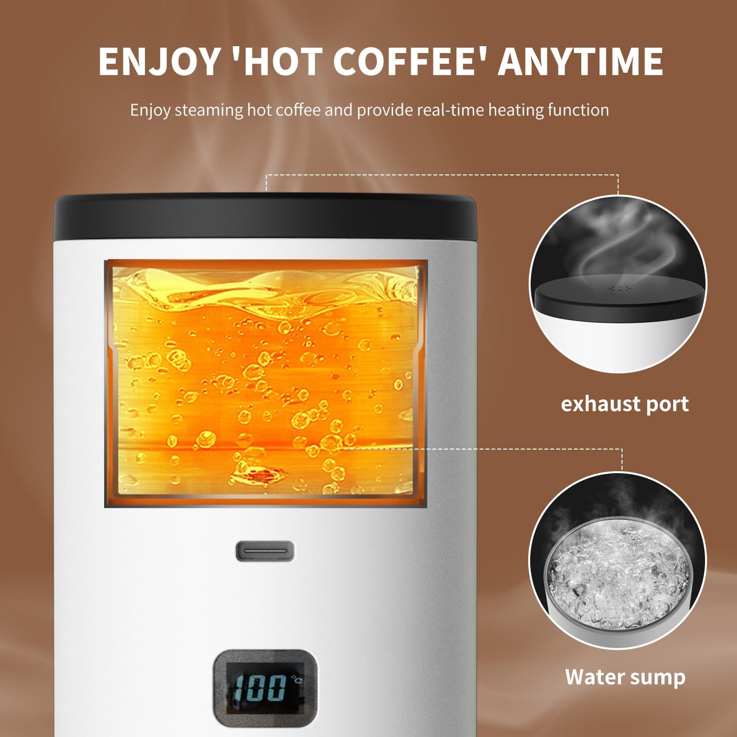 Cafetera portátil 3 en 1 con pantalla LED, tanque de 90 ml, autocalentamiento, compatible con café molido y cápsulas de espresso