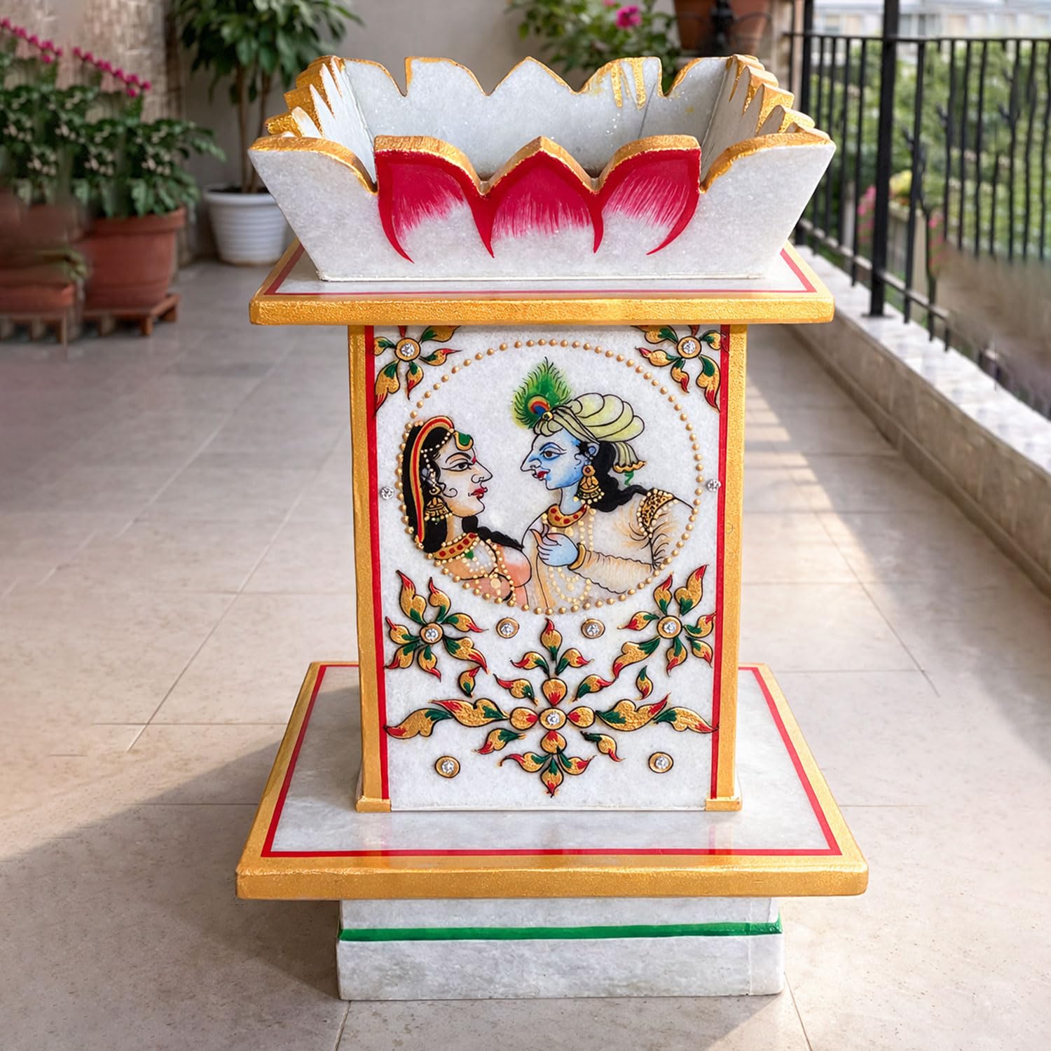 Marble Tulsi Pot for Home (15 Inches) | Handcrafted White Marble Tulsi Vrindavan with Radha Krishna Painting | Indoor Outdoor Temple Decor for Pooja, Garden & Balcony-image-0