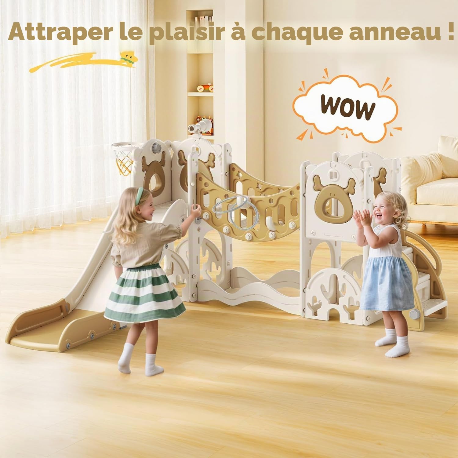 Grand toboggan pour enfant avec panier de basket-ball, cadre d'escalade pour jardin, télescope et espace pour 1 à 3 ans, extra long 1700 mm (modèle Elk Slide Active 7 en 1 (Kaki))