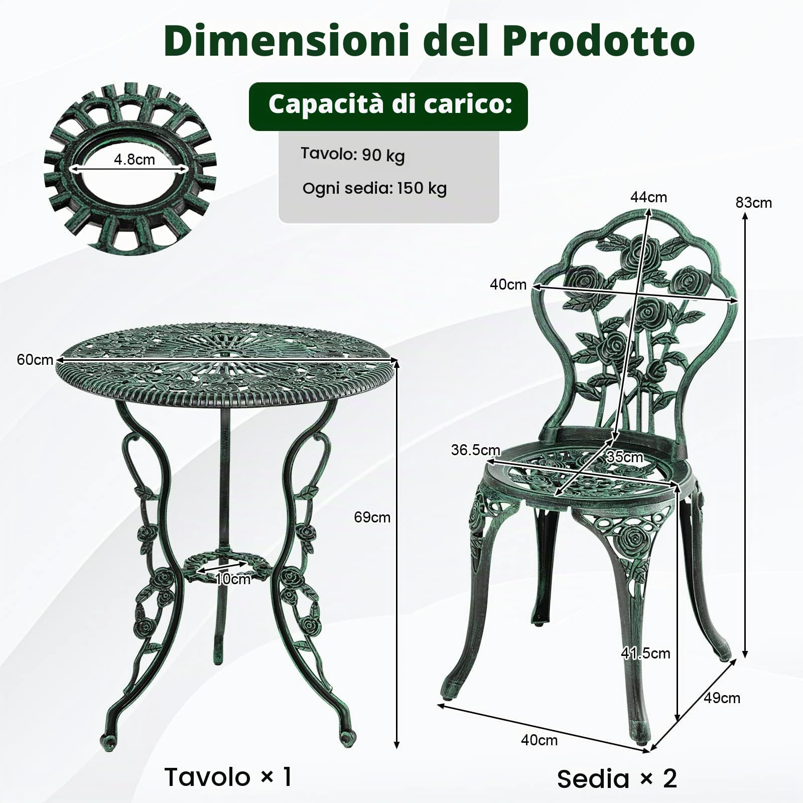RELAX4LIFE Tavolo da Giardino con Sedie, Set da Giardino 3 Pezzi in Alluminio e Ghisa, Tavolo da Giardino con Foro per Ombrello, Tavolino Rotondo e 2 Sedie, per Balcone, Piscina, Cortile (Modello 2)