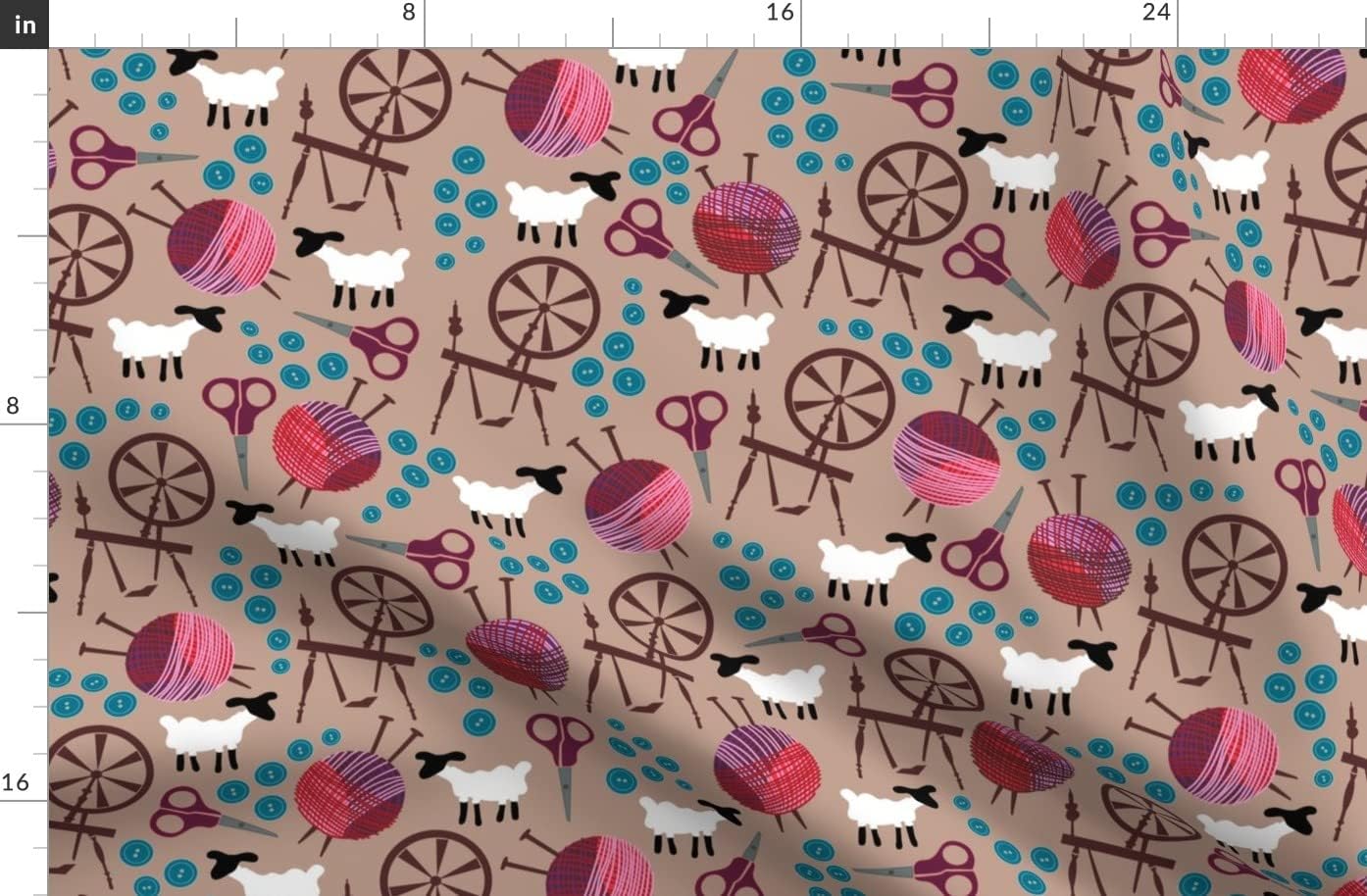 Spoonflower Fabric - Knitting, Spinning, Yarn, Wheel, Scissor, Notions, Knitting Needles Printed on Organic Cotton Sateen Fabric by The Yard - Sewing Quilting Apparel Home Decor