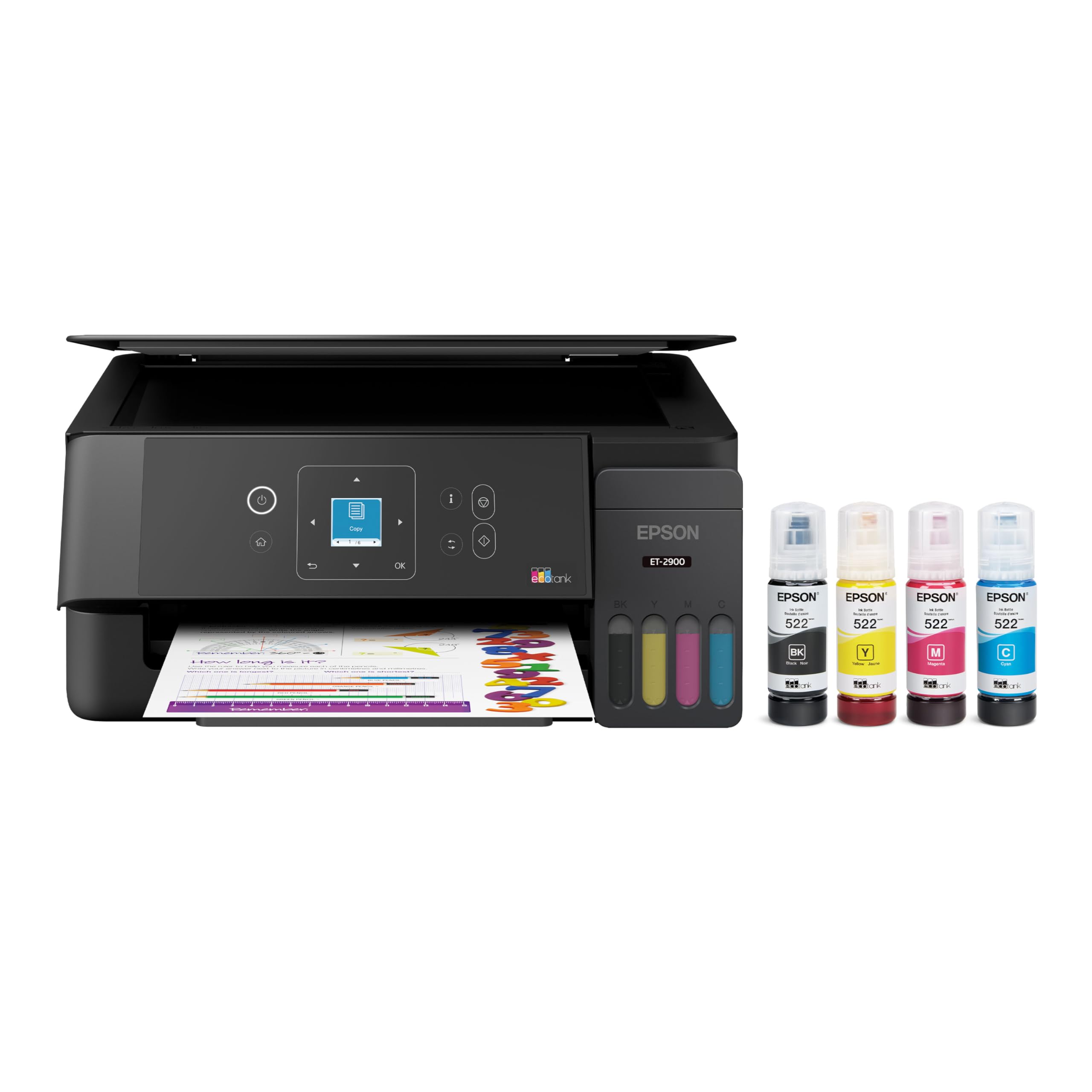 Epson EcoTank ET-2900 Impressora supertank colorida sem fio com até 3 anos de tinta, tanques recarregáveis, perfeita para casa, 11 PPM, tela colorida de 3,7 cm, scanner integrado – Preto