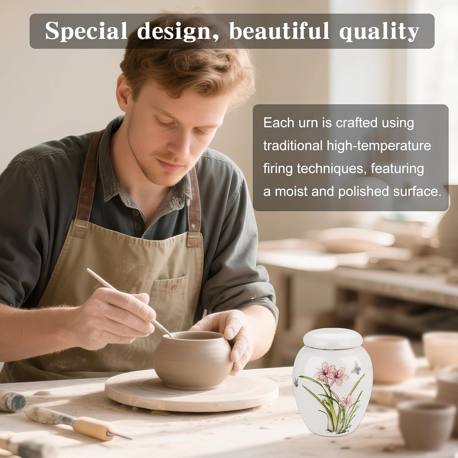 SOITIS Small Urns for Human Ashes Set of 6 Ceramic Mini Urn for Human Ashes Daffodil Butterfly Urn Decorative Urns Memorial Keepsake Urn Cremation Funeral Holder Sharing Urn