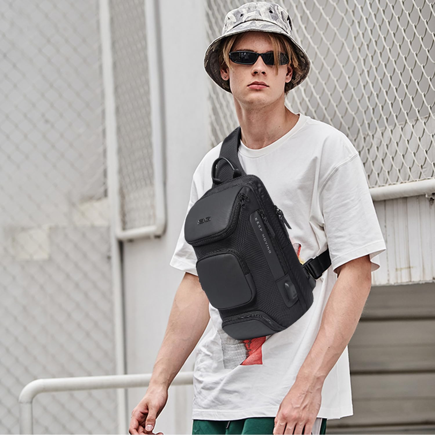 FANDARE Sling Chest Bag Men Business Shoulder Crossbody Backpack fit 9.7 inch Tablet Large Casual Daypack for Outdoor Travel Work Hiking Running Indoor Activities Durable Polyester Black