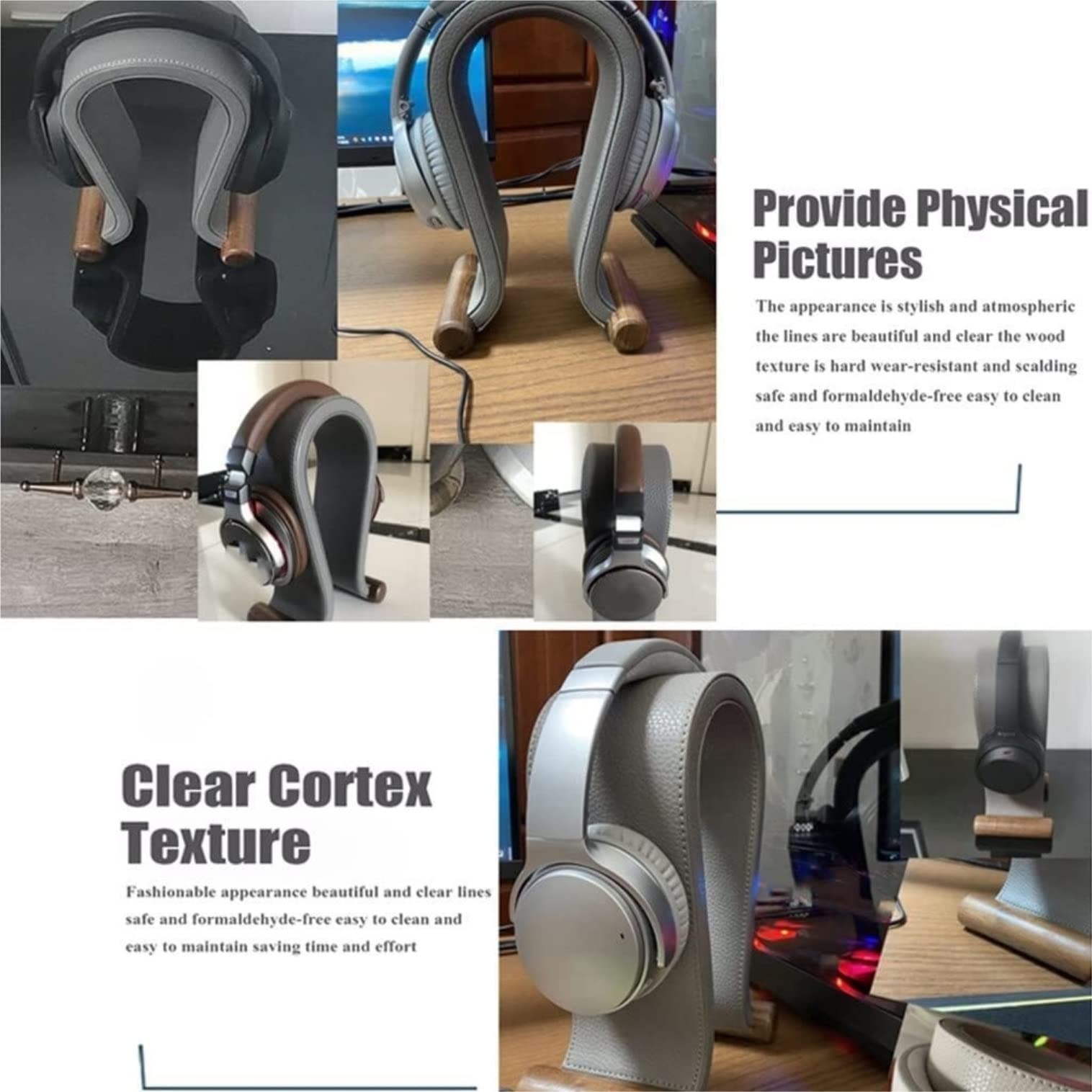 MRKU Support pour Casque Audio, Crochet de Fixation, Support Universel pour Casque Audio de Bureau en Cuir PU et Bois.