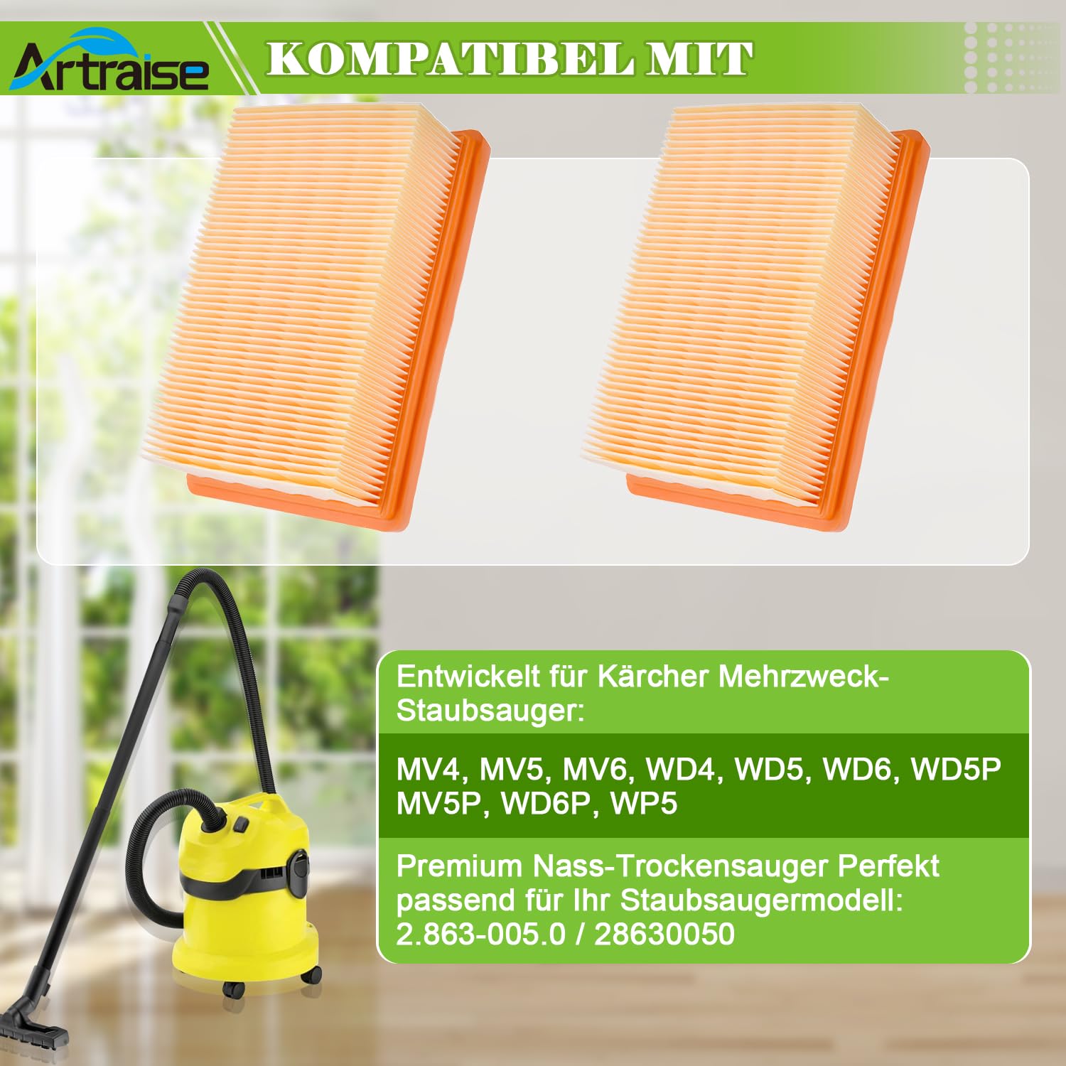 Artraise Lot de 2 filtres à plis plats compatibles avec Karcher Aspirateurs WD4, WD5, WD6, MV4, MV5, MV6 compatibles avec Kärcher filtres WD 5 P, MV 5 P, WD6P, WP5, P, Premium