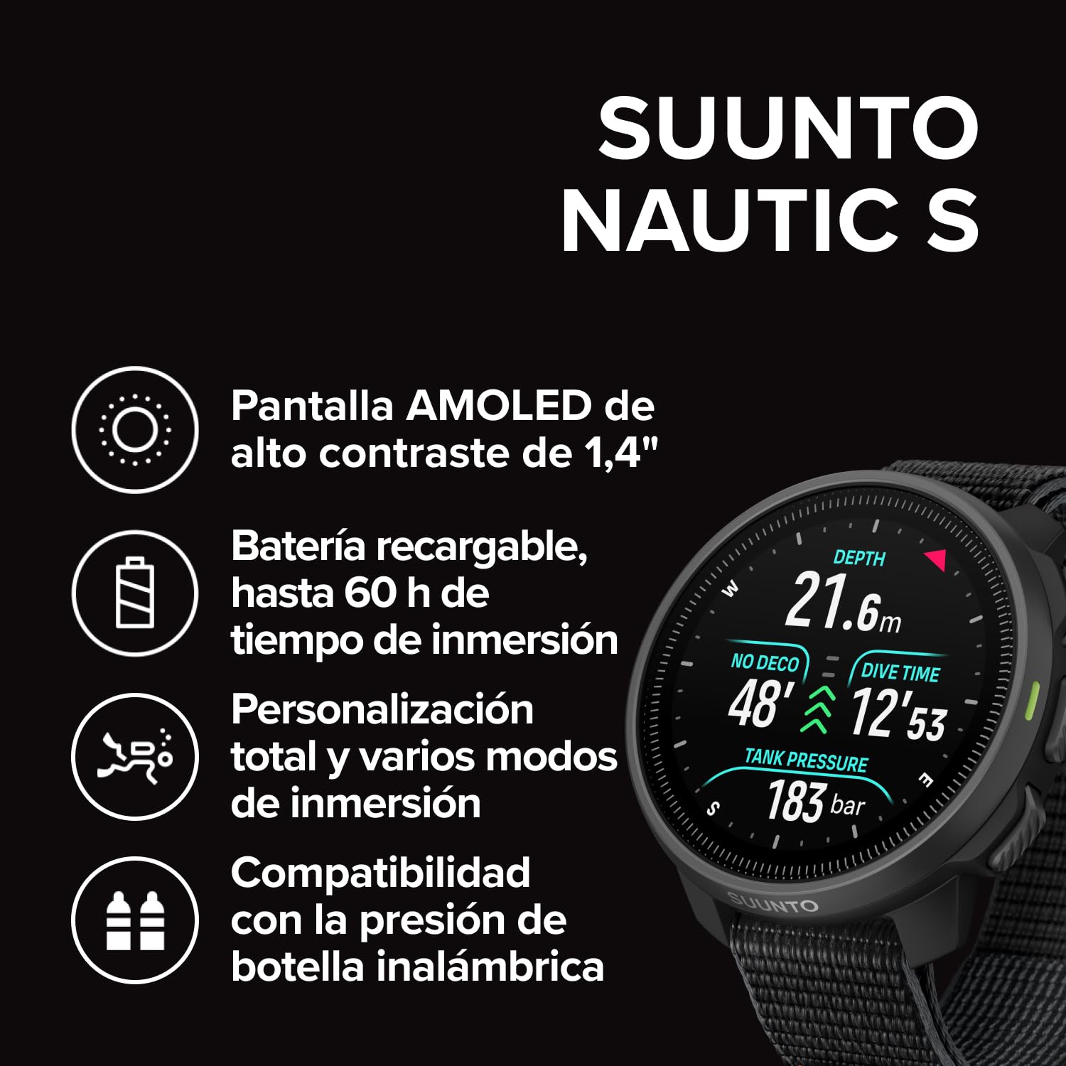 SUUNTO Nautic S Ordenador de Buceo con GPS, Pantalla AMOLED, 60h de Autonomía de Buceo, 80m Impermeable, Análisis de Gases Inalámbrico, Mapas Sin Conexión, SUUNTO APP