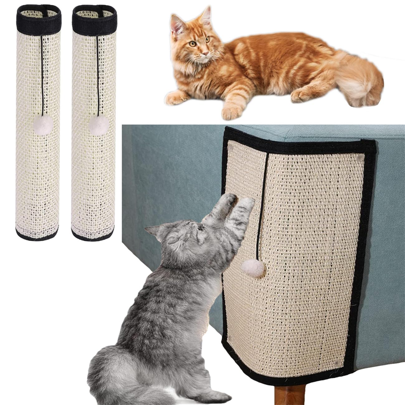 2PCS Cat Scratcher Mat Natural Sisal Cat Scratching Pad with Ball Toy Sofa Protector 20x16 Inch Cat Scratch Couch Cover Easy Installation Cat Scratch Pad for Indoor Cats Grinding Claws