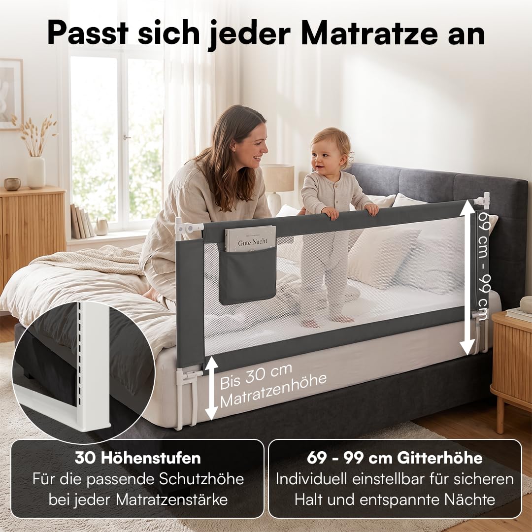 Bellabino Drina Rausfallschutz – Bettschutzgitter 180 cm Dunkelgrau – Bettgitter höhenverstellbar 69-99 cm – Baby Bettumrandung inkl. Seitentasche Schutzgitter mit Sicherheitsgurt Bett/Kinderbett