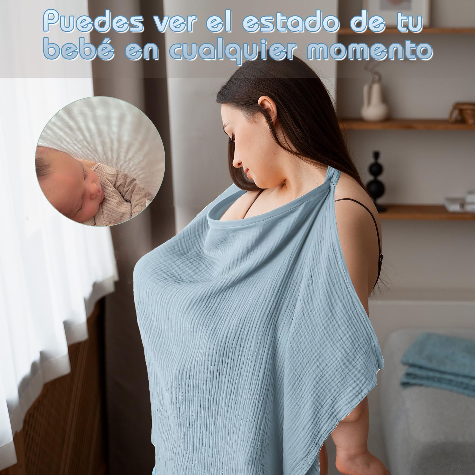 VEGCOO Manta Lactancia para Bebé, Mantas de Lactancia, Delantal Lactancia Bebe y Toalla de Saliva, Caché Lactancia Bufanda para Mamás, Algodón Suave Transpirable Ajustable (azul)