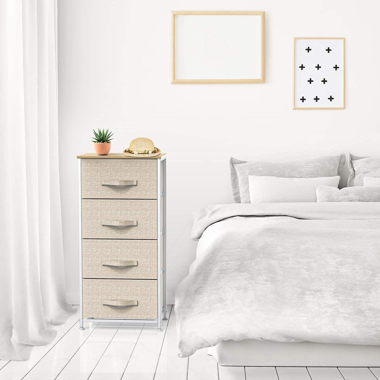Pipishell Commode Verticale à 4 tiroirs en Tissu avec Dessus en Bois et Grand Espace de Rangement, Facile à Installer, Commode Verticale à 4 tiroirs, Chambre à Coucher, Salon, Chambre d'enfant,