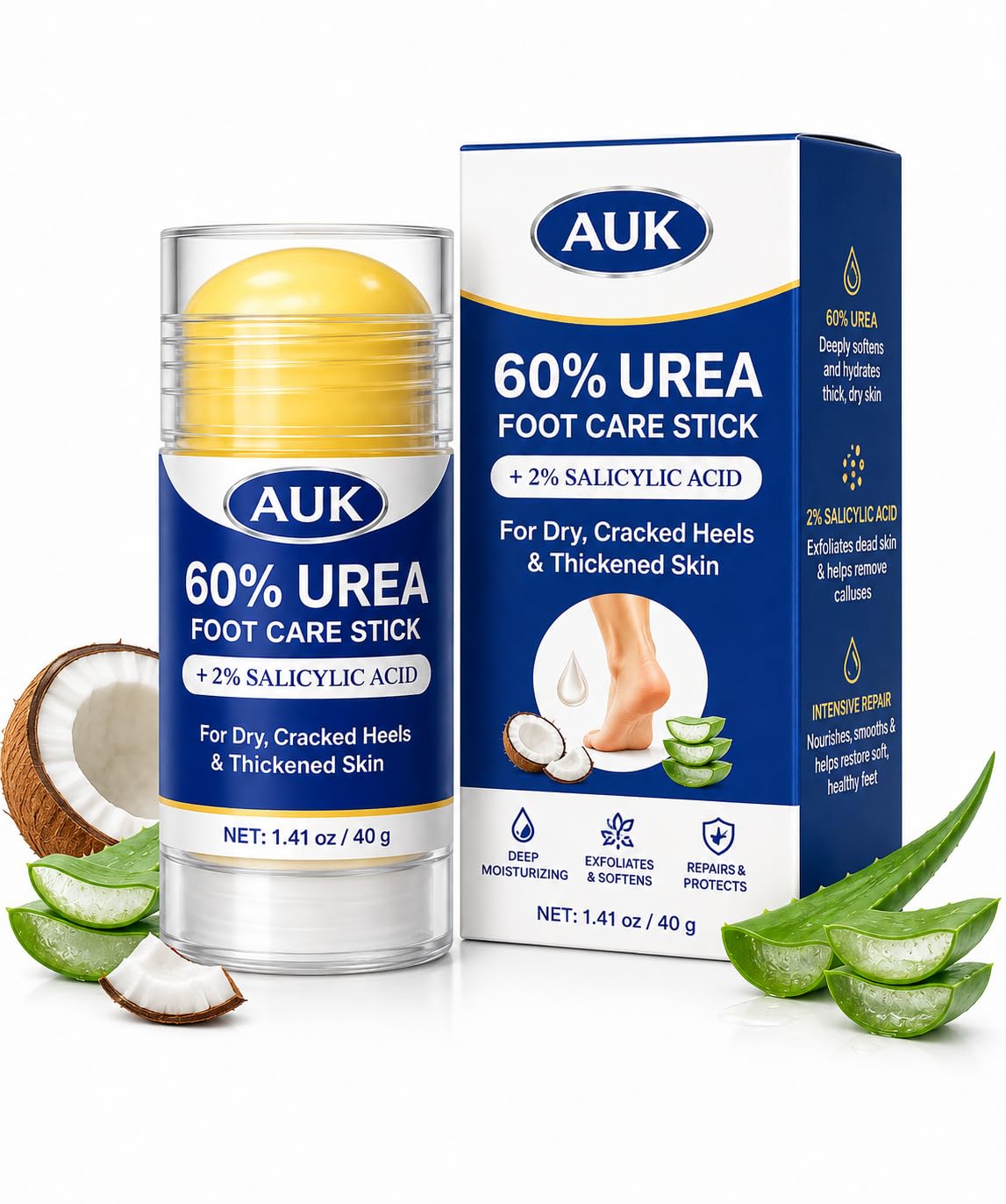 AUK 60% Urea Foot Care Stick with 2% Salicylic Acid, Moisturizing Foot Balm for Dry Cracked Heels, Rough Thickened Skin & Callused Feet, Targeted Stick for Feet Care, 1.41 oz