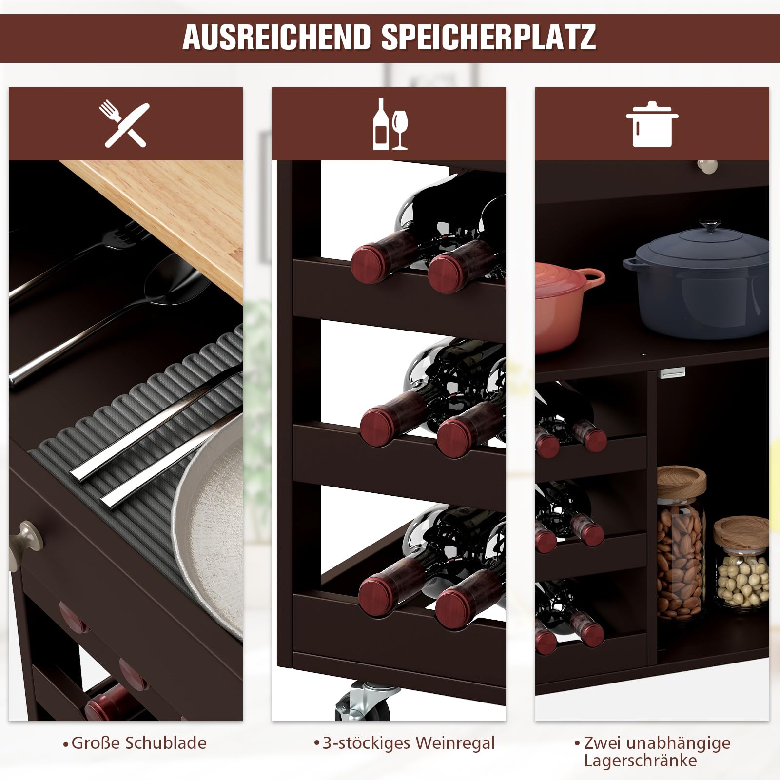 COSTWAY Küchenwagen auf Rollen, Servierwagen mit Schubladen & 3-stöckigem Weinregal & Arbeitsplatte, Küchentrolley Beistellwagen Küchenregal Küchenschrank Rollwagen Kücheninsel Holz (Braun)