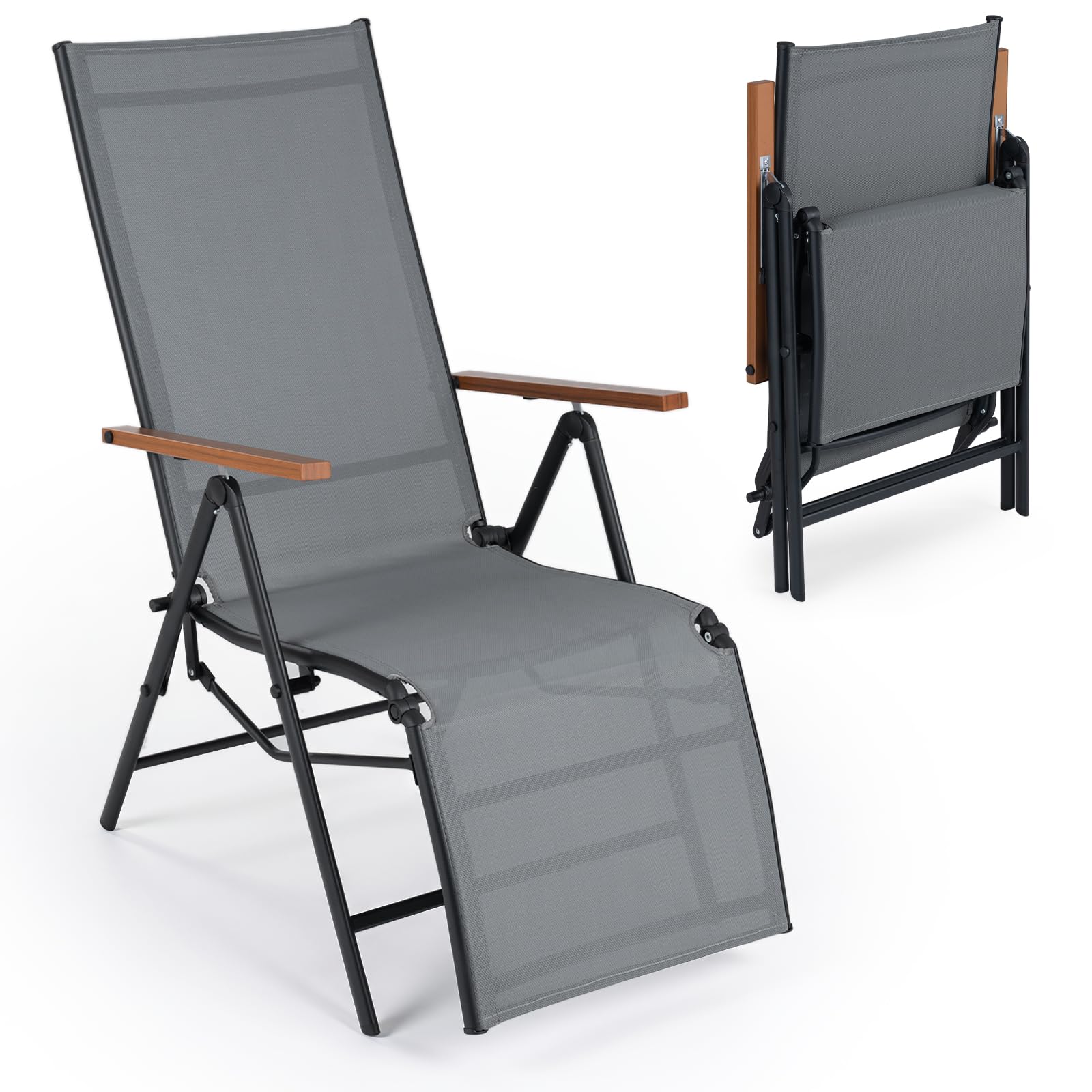 COSTWAY Chaise Longue Jardin Pliante, Dossier Réglable en 6 Positions, Gris