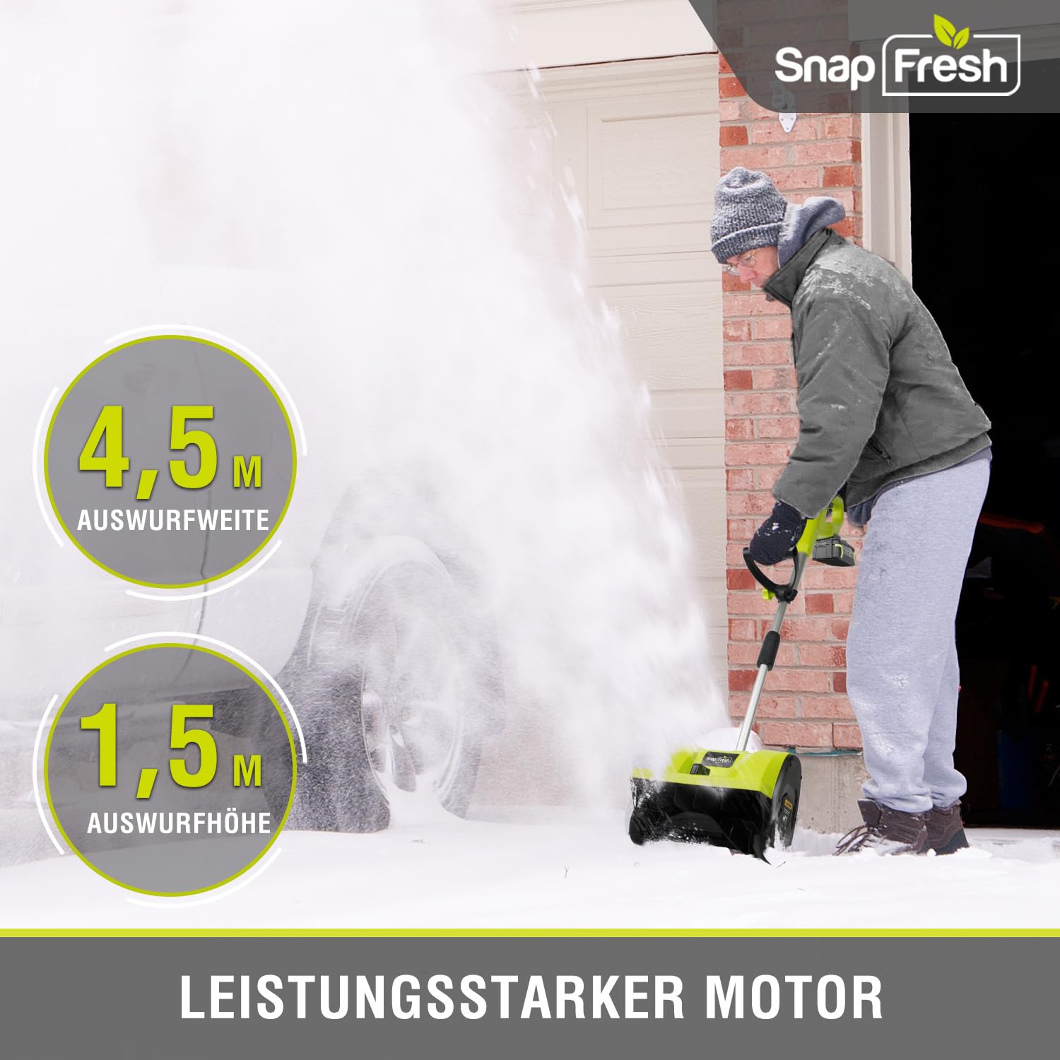 SnapFresh Schneefräse Akku 20V mit 4,0Ah & Ladegerät – Ultra-leicht nur 3,5 kg | 30 cm Räumbreite, 10 cm Schneehöhe, bis 4,5 m Auswurf | 60° verstellbarer Auswurfkanal | Ideal für Gehwege & Einfahrten