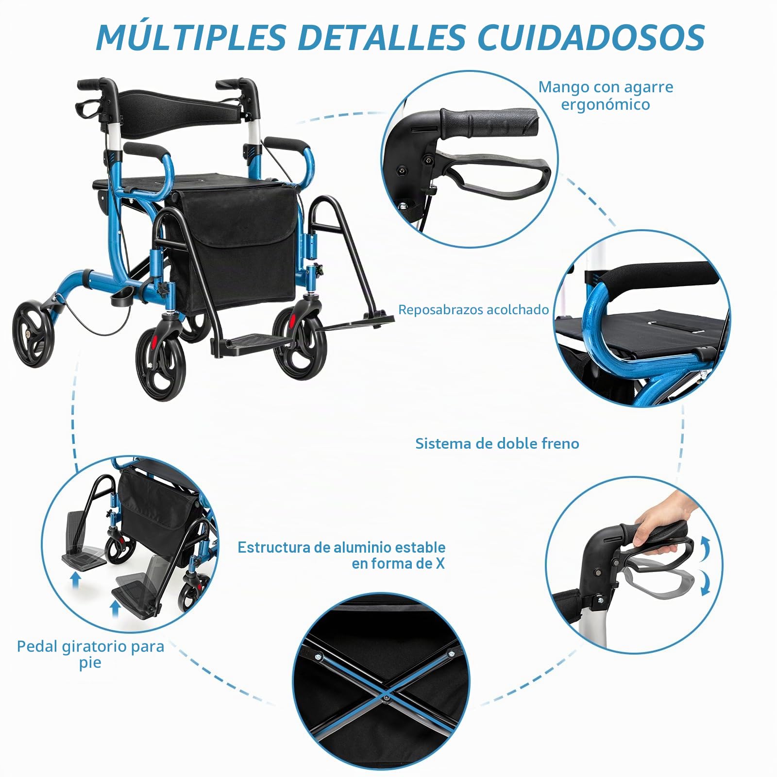 HOMASIS 2 en 1 Andador con Ruedas PVC para Ancianos, Andador Plegable con Asiento y Mangos de 6 Alturas Ajustables, Silla de Transporte, Marco de Aluminio, Hasta 160 kg (Azul)