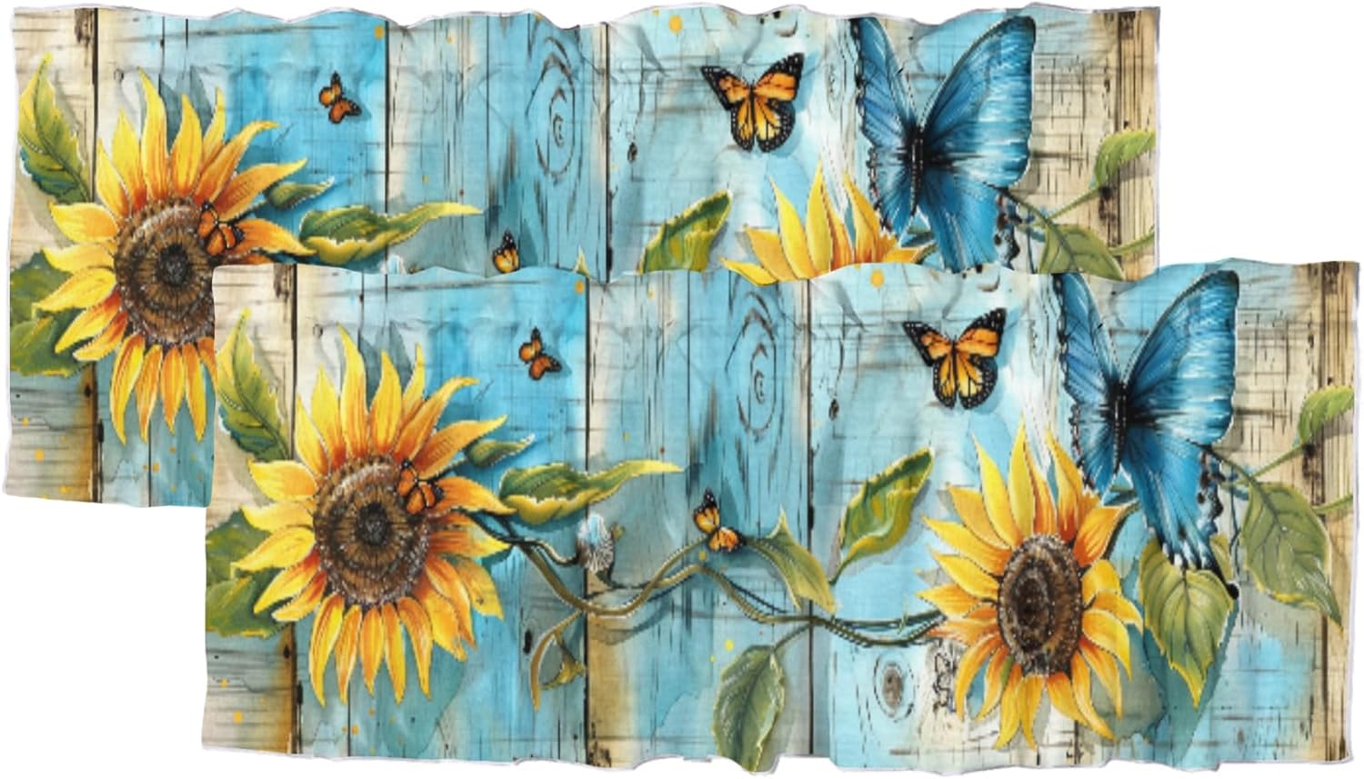 Sunflower, Kitchen Curtains and Valances Vintage Wood Panel Sunflower Butterfly Floral Living Room, Farmhouse, Bedroom, Rod Pocket Curtain Valance 54x18inch(2Pcs)