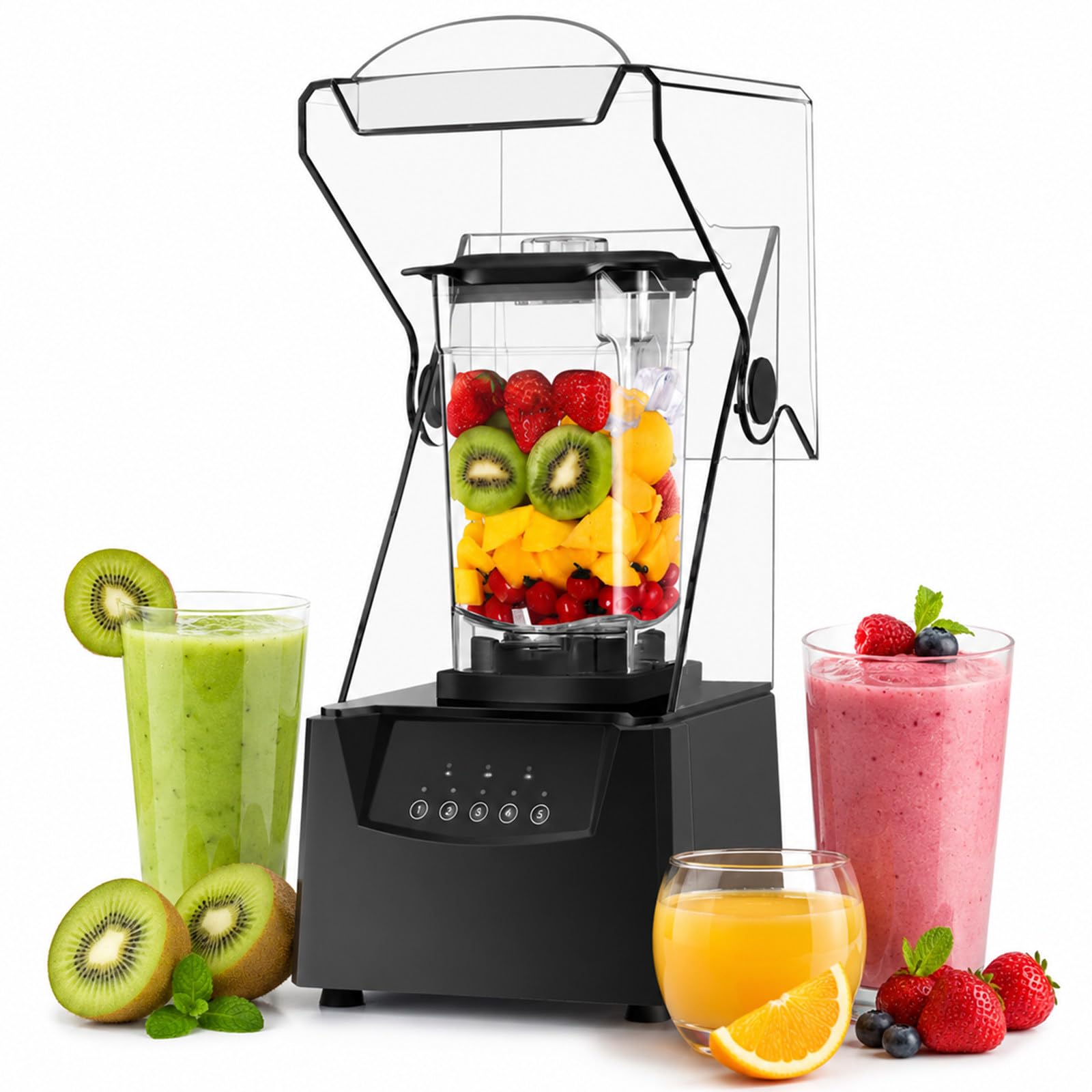 lilishangmao 1.8L Commercial Smoothie Blender, 2200W Commercial Food Mixer with 17,000 RPM Motor, 5 Preset Programmes, Pulse and Soundproof Housing, for Drink Stall, Café, Bar, Canteen