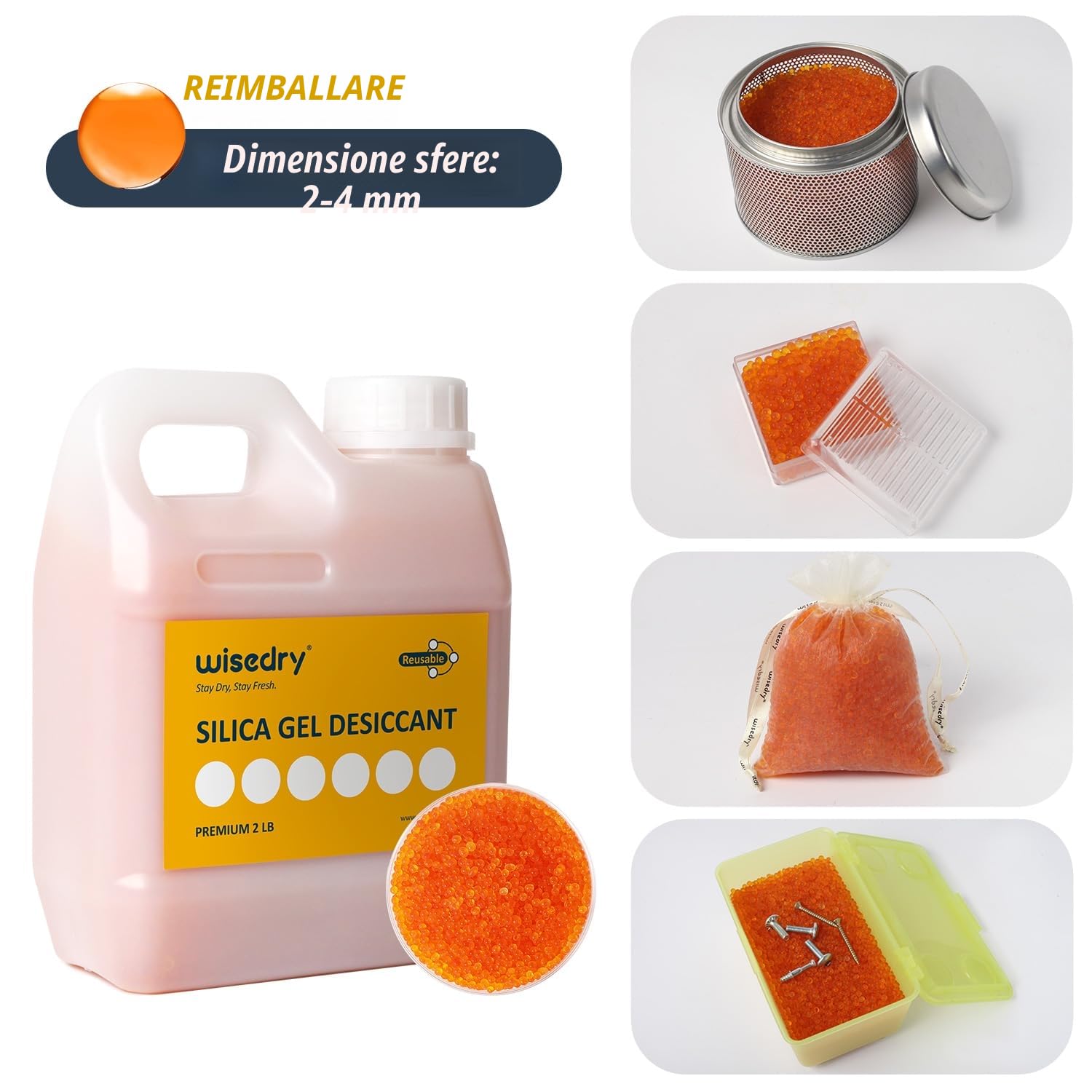 wisedry Perline essiccanti in gel di silice, riutilizzabili, con indicazione del colore, 0,9 kg, dimensione della perlina 2-4 mm, ricaricabili