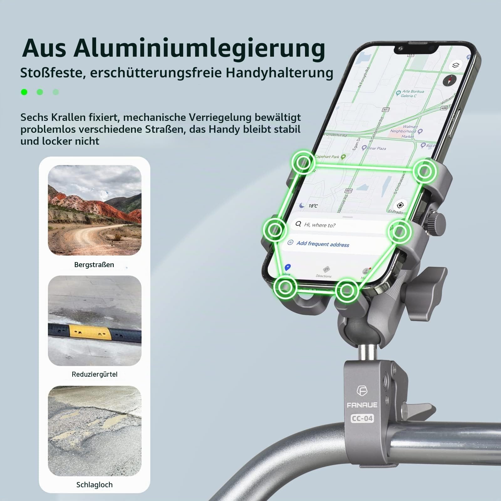 FANAUE Handyhalterung mit 2,5 cm Kugel, kompatibel mit RAM-Halterungen, B-Größe, Doppelbuchsenarm und Fahrrad-Handyhalterung aus Aluminiumlegierung, geeignet für 14-17,8 cm Smartphones mit