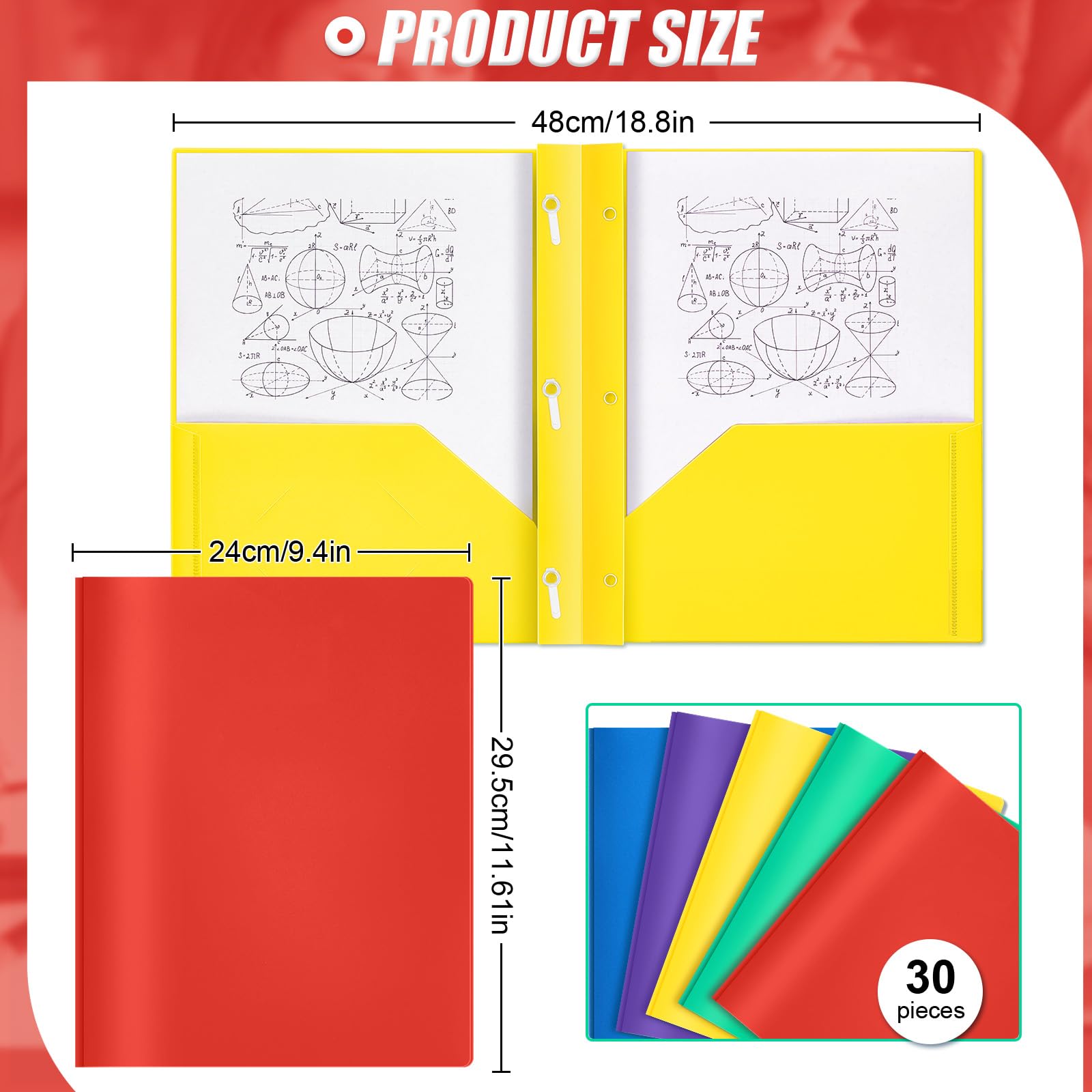 Yeaqee 30 cartelle in plastica con tasche e rebbi in plastica con 2 tasche per ufficio, scuola per studenti, insegnanti, impiegati (multicolore)