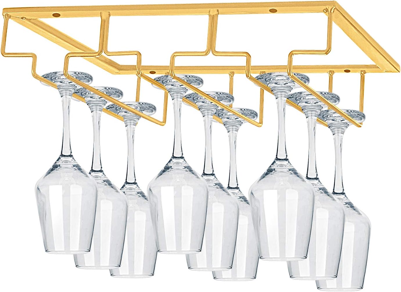 MOCOUM Under Cabinet Stemware Rack, Glass Hanger Rack - Wire Wine Glass Holder Storage Hanger for Cabinet, Kitchen, Bar Gold 3 Rows 1 Pack